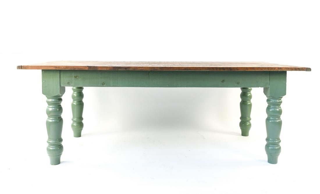 FARM STYLE DINING TABLE: Contemporary, 20th century. Dimensions: H 30" x W 84.5" x D 39" Condition: Wear consistent with age and use including scuffs, scratches, dings and nicks as shown in photographs. Some minor joint separ