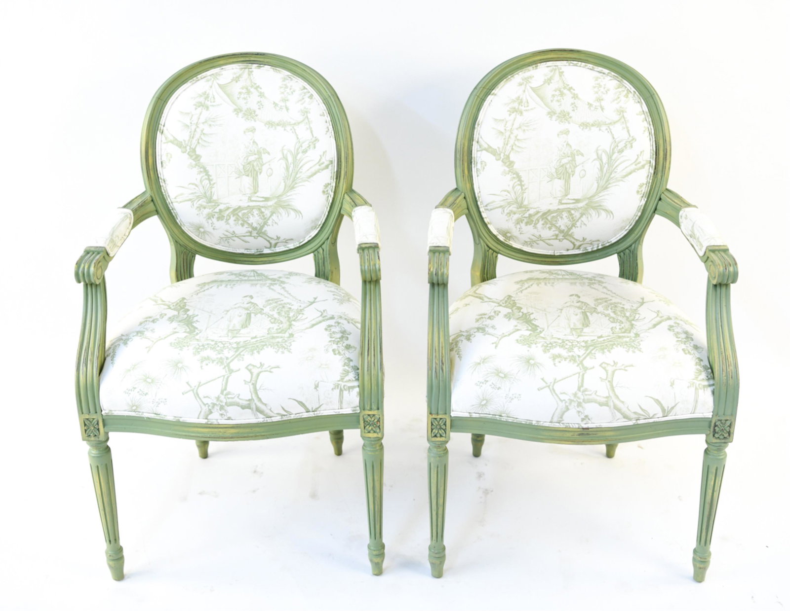 PAIR FRENCH CHINOISERIE UPHOLSTERED ARMCHAIRS: Dimensions: H 38.25" x W 23.25" x D 20.5" x SH 19" Condition: Wear consistent with use including nicks and dings to frames with areas of soiling to upholstery. Some minor pulls and snags.