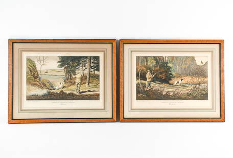 PAIR OF EDWIN MEGARGEE HUNT SCENE AQUATINTS: Pencil signed lower left. Burl frames. Dimensions: (Frame) H 20" x W 25.5", (Sight) H 13.75" x W 19.25" Condition: Toning and some spots. Few minor losses to frames.