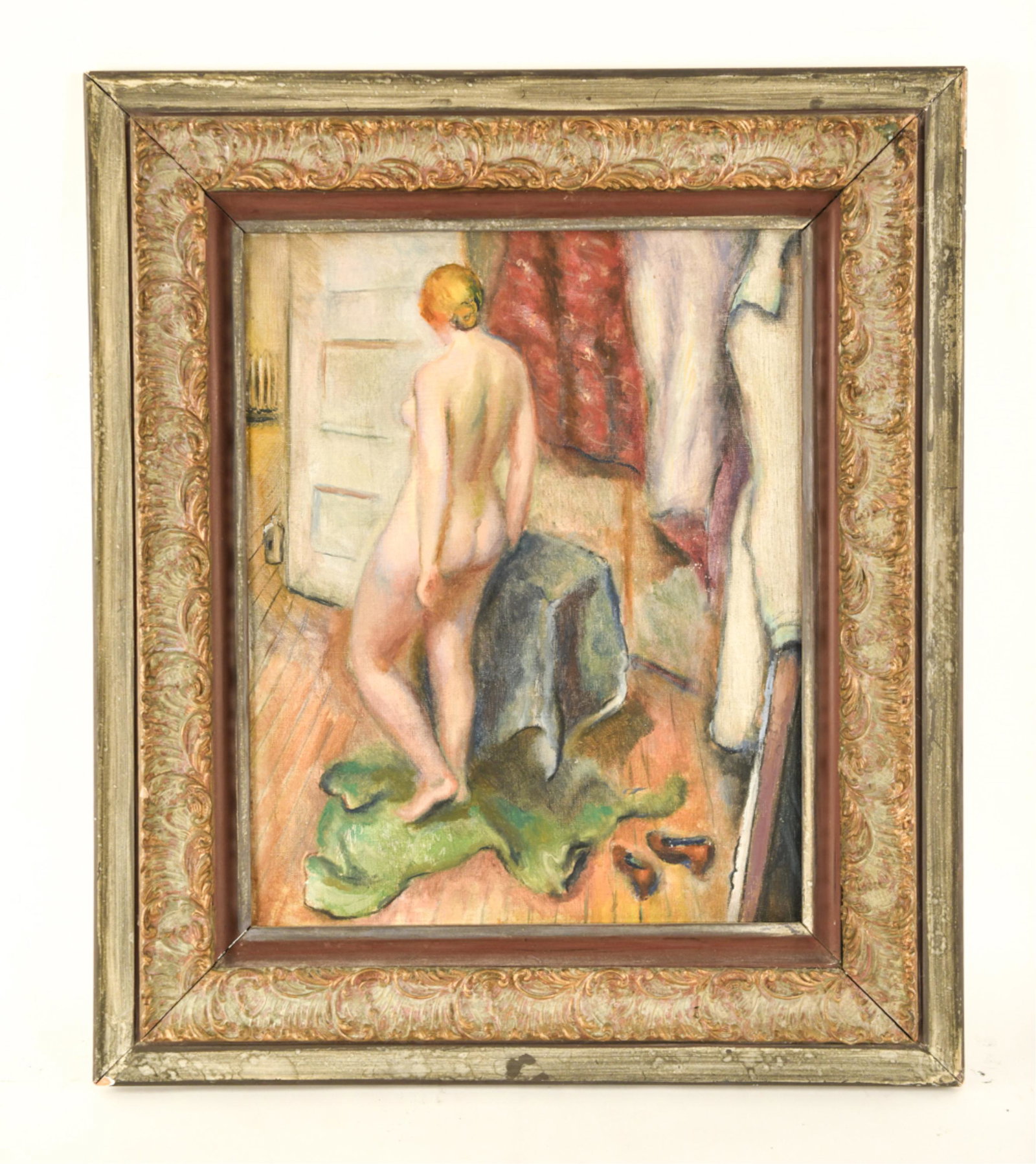 MID-CENTURY STUDIO NUDE O/C: Titled Study in Composition and signed Allan D. Jones Jr. on back with Portland Society of Art tag dated 1941. Dimensions: (Frame) H 28.5" x W 24.5" (Sight) H 19.5" x W 15.5" Condition: Wear consisten