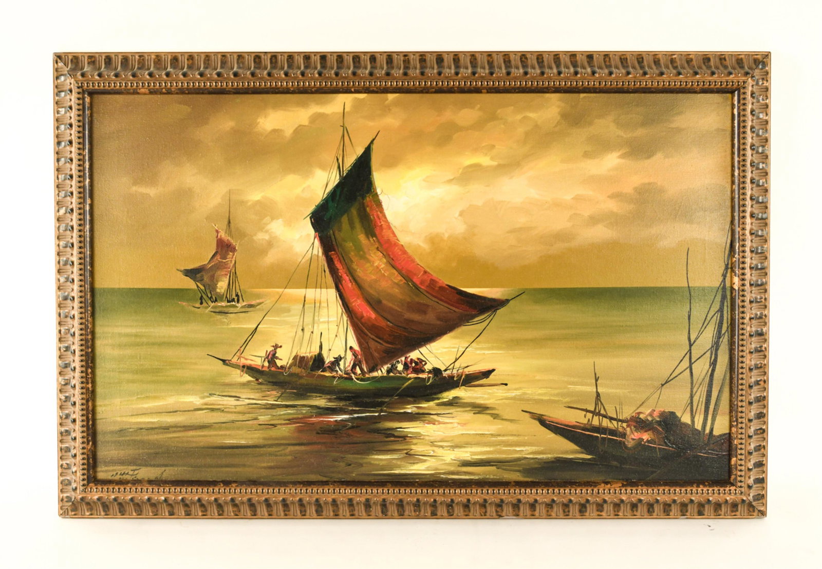 SUNSET FISHING BOATS SCENE O/C: Signed indistinctly front bottom left corner. Dimensions: (Frame) H 26.5" x W 40.5" x D 2.5" (Sight) H 21.5" x W 35.5" Condition: Chips and losses to frame.