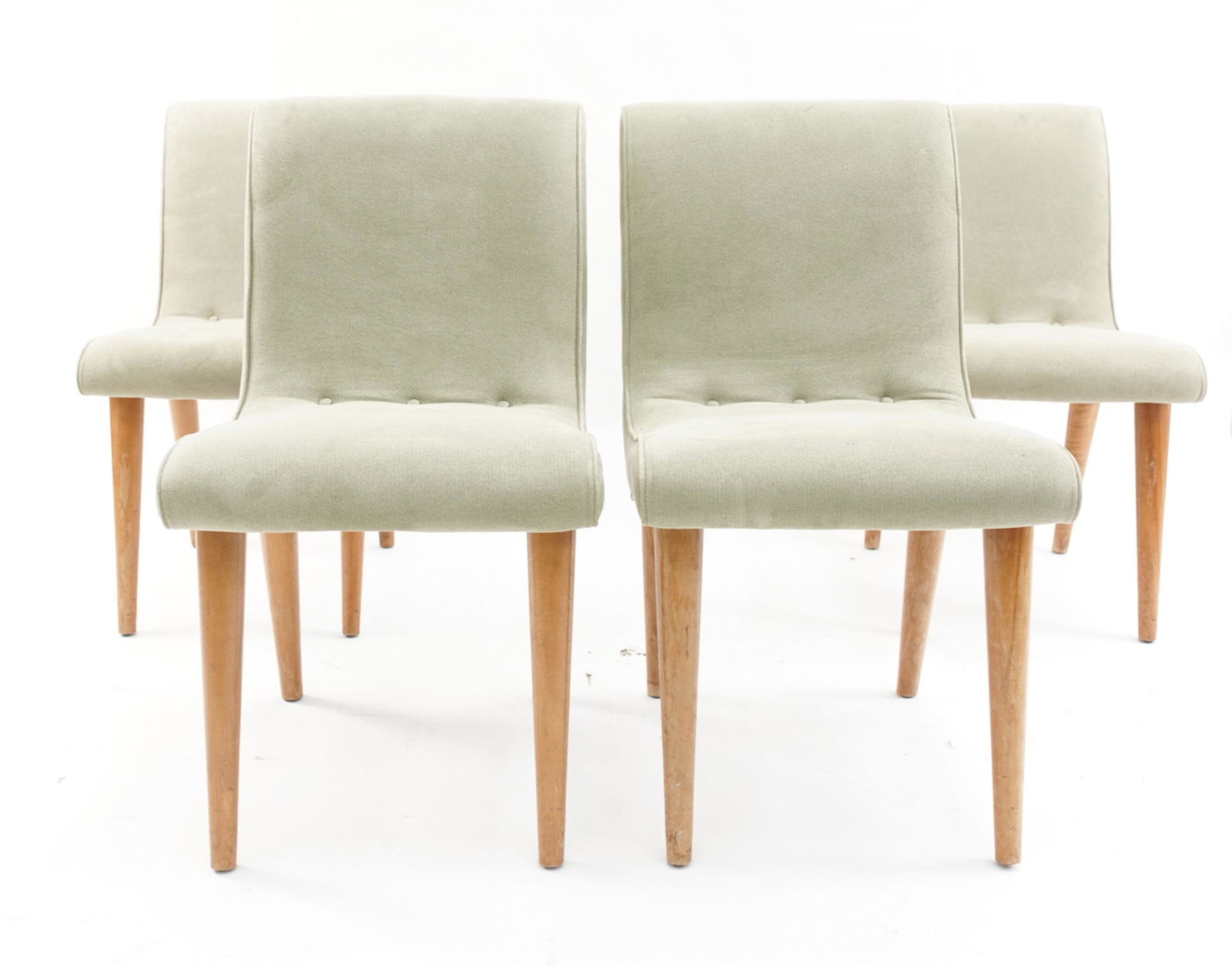(4) RUSSEL WRIGHT FOR CONANT BALL DINING CHAIRS: Four Mid-Century Modern Russel Wright side chairs. From the most popular American Modern line manufactured by Conant Ball. Blonde wood tapered legs. Reupholstered. Circa 1940's Dimensions: H 33" x w 1
