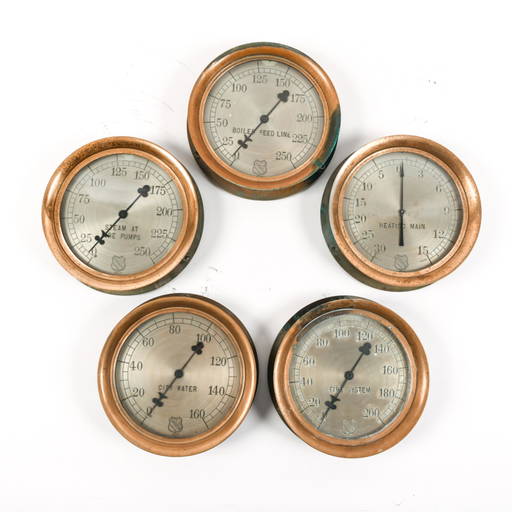 (5) 12" Brass Industrial Steam Pressure Gauges