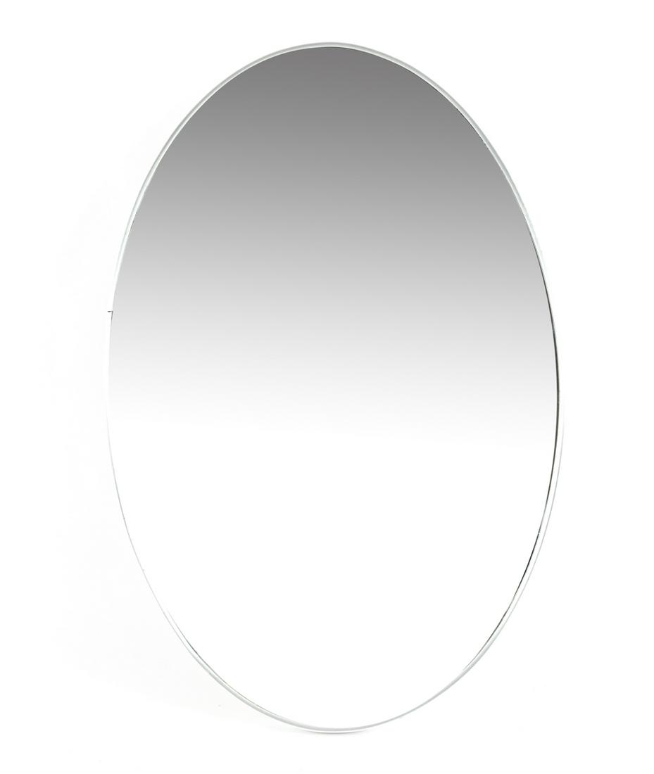 THIN EDGE MINIMALIST OVAL MIRROR: Aluminum frame. Dimensions: H 31.5" x W 21" Condition: Rubbed surface, separation at joint.