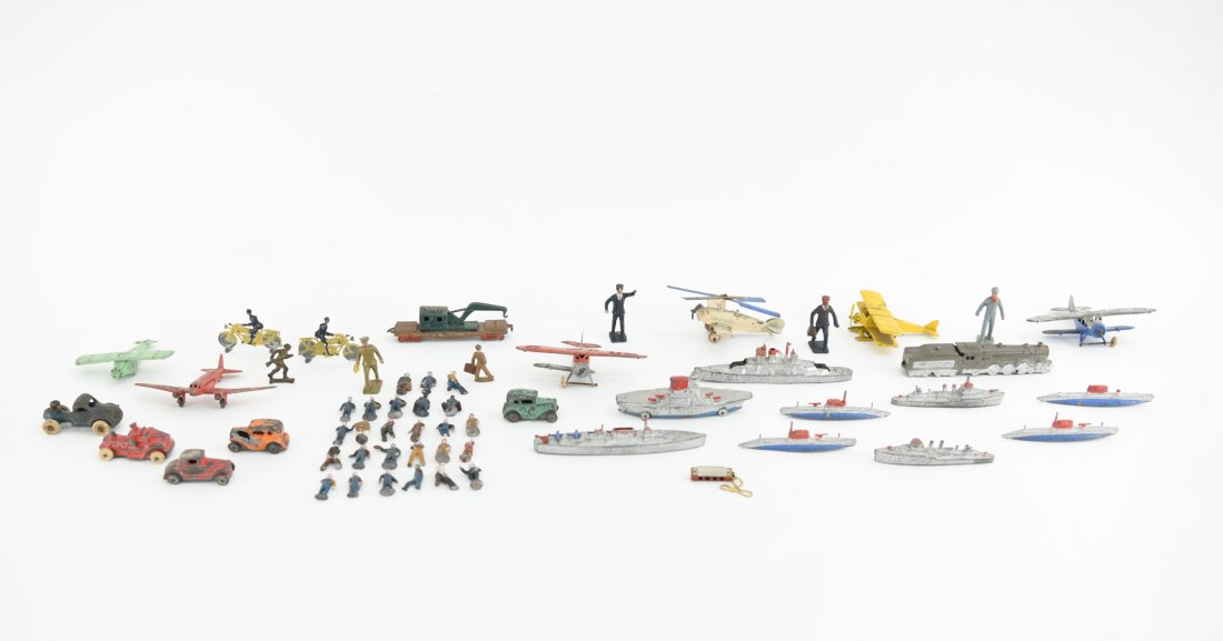 VINTAGE METAL TOY PLANES & CARS: Including die cast and lead vintage toys. Dimensions: (Locomotive) L 5.75" Condition: Vintage handling and surface wear.