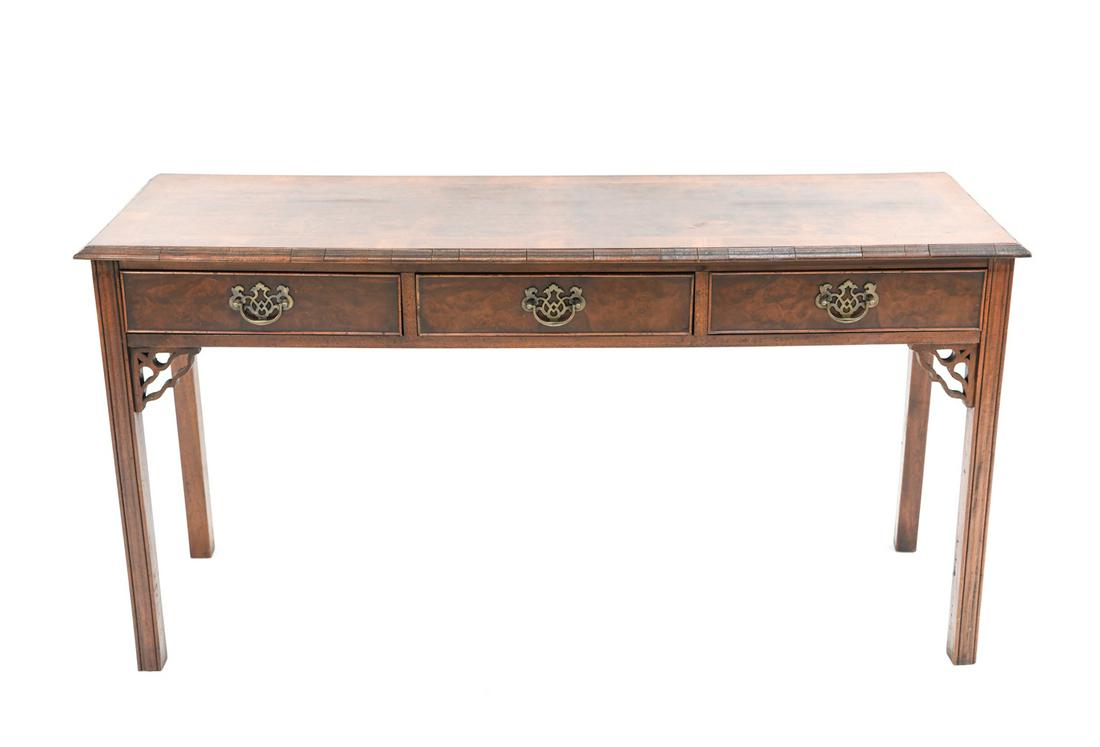 CHIPPENDALE STYLE PIER TABLE: Burl veneer top. Banded inlay on top. Dimensions: H 31" x W 59.5" x D 18.5" Condition: Showing signs of use including a couple rubs and dings to legs. Splits to edge trim. Large loss to trim on front 