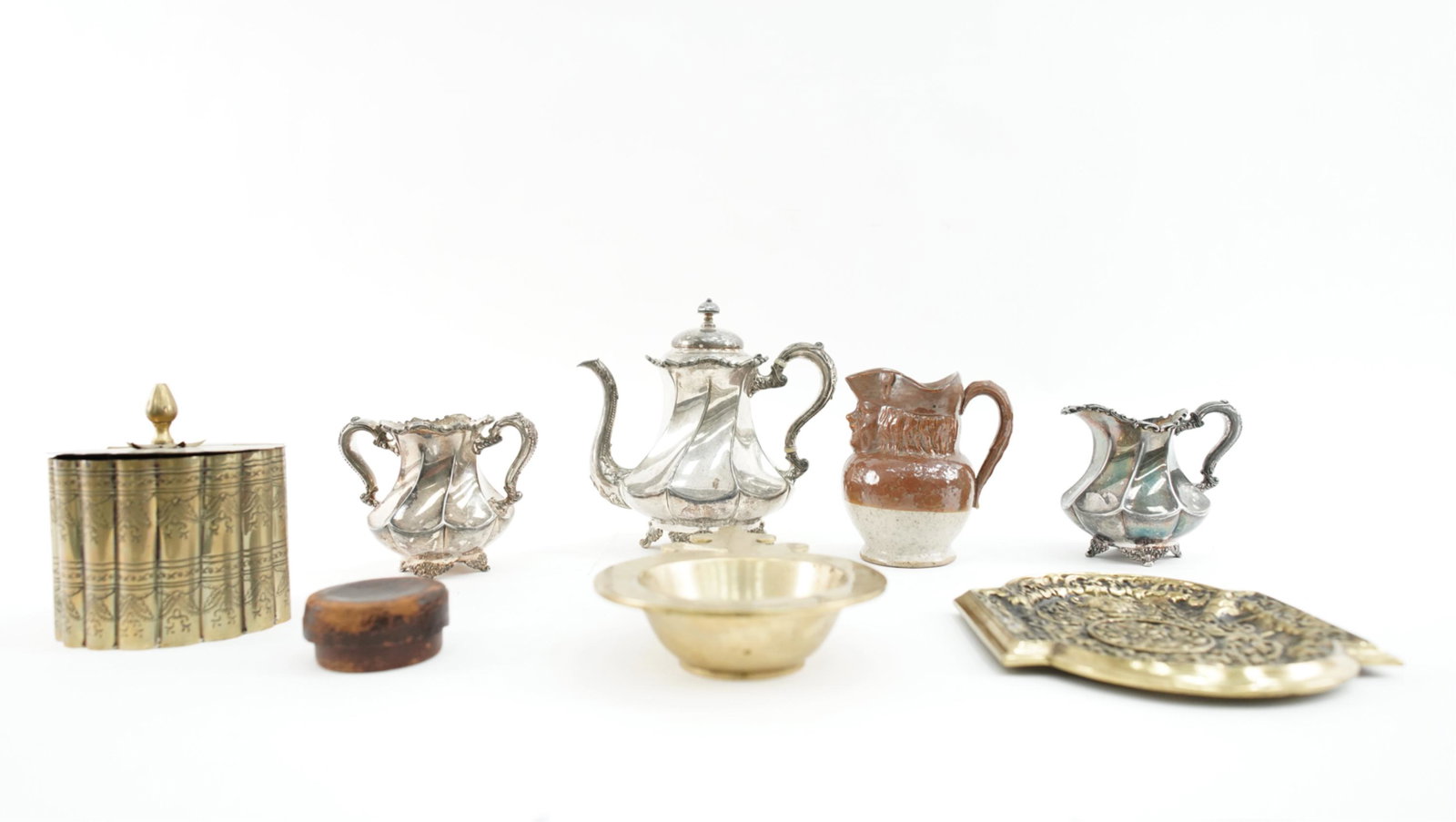 ANTIQUE AND VINTAGE DECORATVE GROUPING: Including: teapot, bowls, cup set, Toby stein and plate. Dimensions : H 8" x W 8.5" x D "6 Condition: Various stages of use and wear, some tarnishing to metal.
