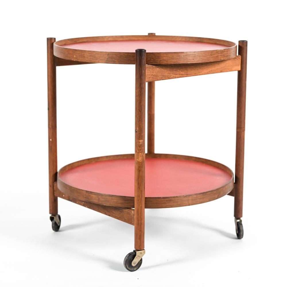 HANS BOLLING DANISH TEAK REVERSIBLE TRAY BAR CART: Dimensions: H 23" x Dia. 19.75" Condition: Scratches and stains to tops, fading, nicks scratches, separation to joints.