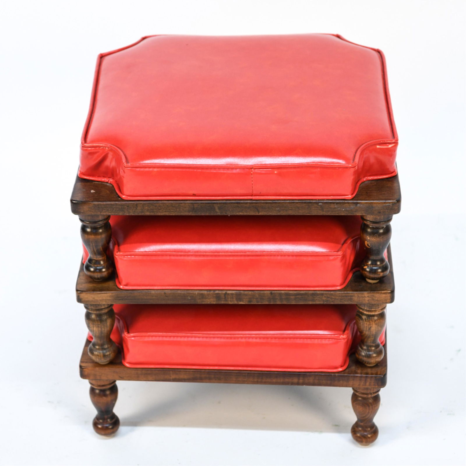 VINTAGE ETHAN ALLEN STACKING FOOT STOOLS: Tagged underneath: Ethan Allen. Dimensions: H 19" x W 17" x D 17" Condition: Wear consistent with age and use, minor fading, nicks, scratches.