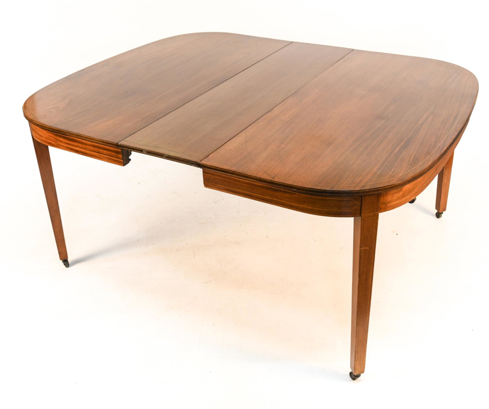 VINTAGE HEPPELWHITE STYLE DINING TABLE: Mahogany with banded inlay. Dimensions: H 30" x W 54" x D 50" Condition: Some edge nicks, minor use.
