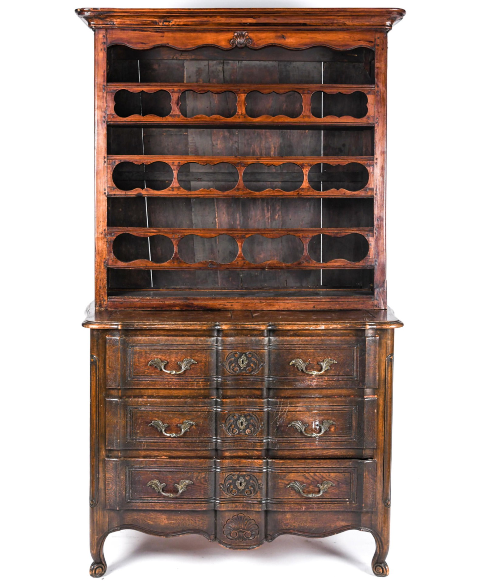 FRENCH PROVINCIAL STYLE WINE CABINET SERVER: With shell carving. Two-part construction. Dimensions: H 82" x W 46.5" x D 22.5" Condition: Missing bottom shelf. Finish wear and water staining. Splits to wood, some losses. Scratches and marks. Wear