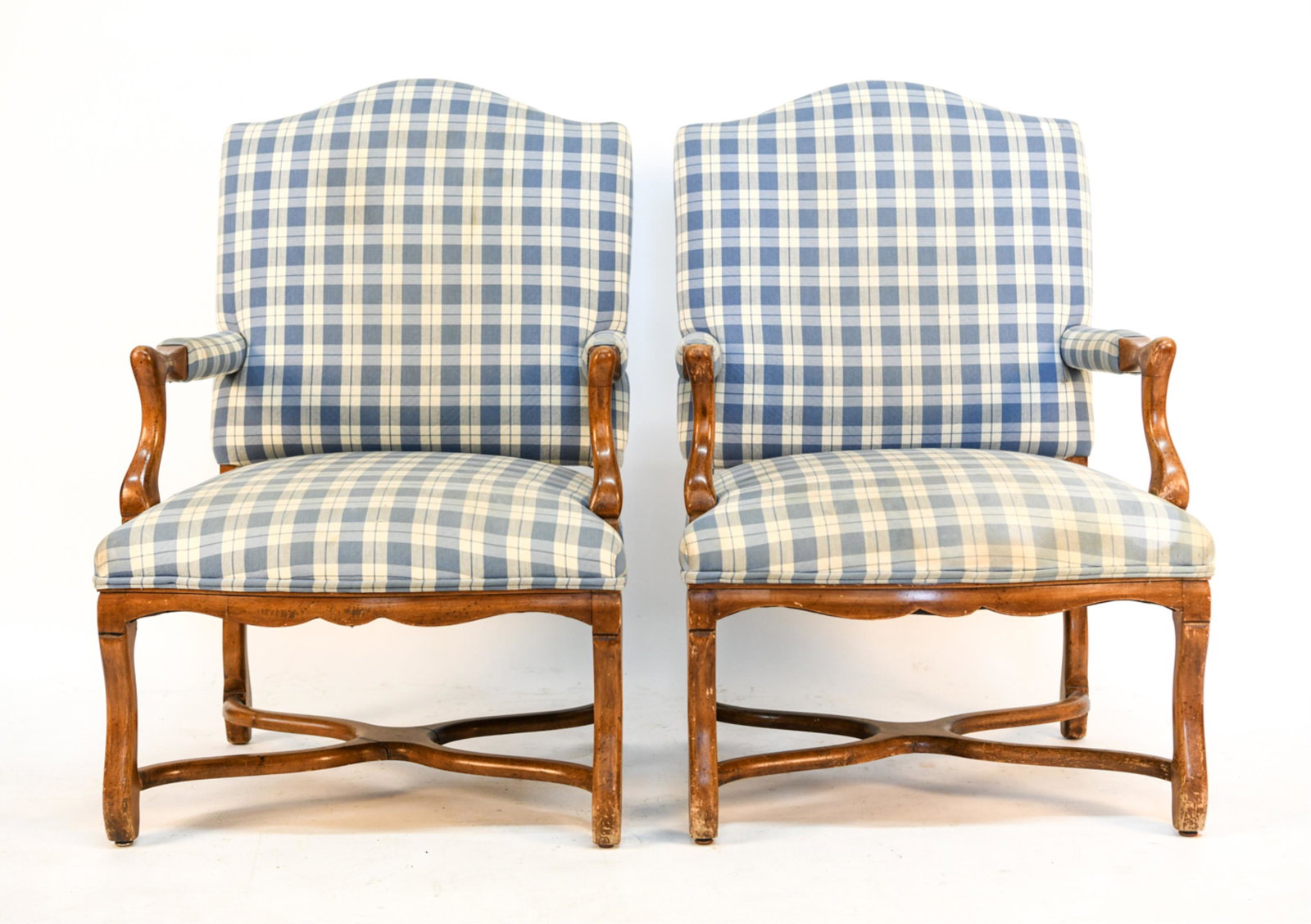 PAIR FRENCH COUNTRY STYLE ARMCHAIRS: Dimensions: H 39" x W 26" x D 26" x SH 17" Condition: Staples to stretchers. Finish wear and marks to wood consistent with age and use. Slight separations to a couple joints. Few small marks to uphols