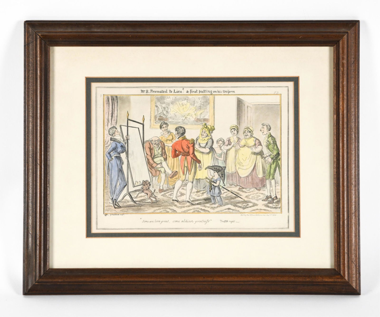 GEORGE CRUIKSHANK POLITICAL CARTOON PRINT: Mr. B. Promoted to Lieu & First Putting on His Uniform. Reproduction of 1835 print. Dimensions: (Frame) H 15.25" x W 19" (Sight) H 9" x W 12" Condition: Wear consistent with age including minor toning