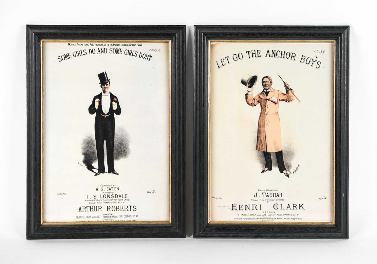PAIR OF REPRODUCTION SHEET MUSIC PRINTS: Including "Let Go The Anchor Boys" and "Some Girls Do And Some Girls Don't." Reproduction offset prints. Dimensions: H 14.75" x W 10.75 Condition: Minor wear to frames including scratches and nicks.