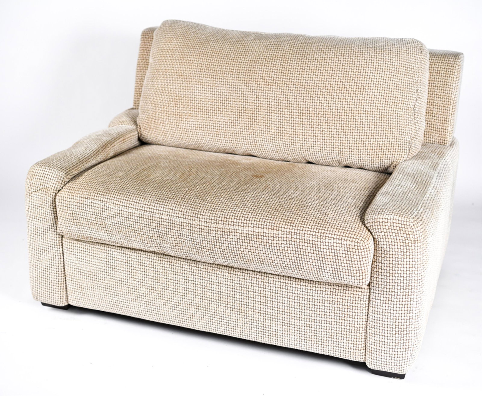 TEMPUR PEDIC SLEEPER LOVESEAT: Tagged Tempur Pedic. Dimensions: (Chair) H 35" x W 53" x D 40.5" x SH 20" Condition: Wear consistent with use including upholstery soiling. Some scratches and chips to legs.