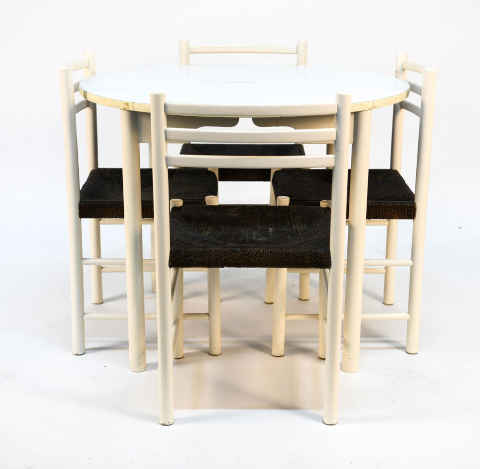 DINING TABLE AND 4 CHAIRS: Dimensions: (Of table) H 29" x Dia. 36" Condition: Losses throughout, missing hardware, fading throughout.