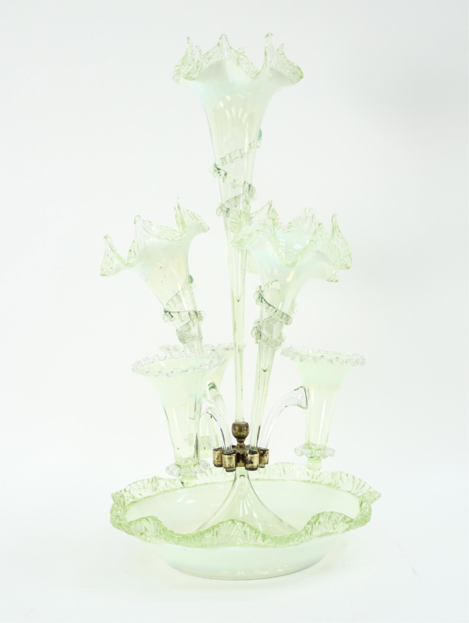 VICTORIAN GREEN GLASS EPERGNE: Dimensions: H 22" x W 12" x D 12" Condition: Staining to inside of one of the tubes. Good used condition.
