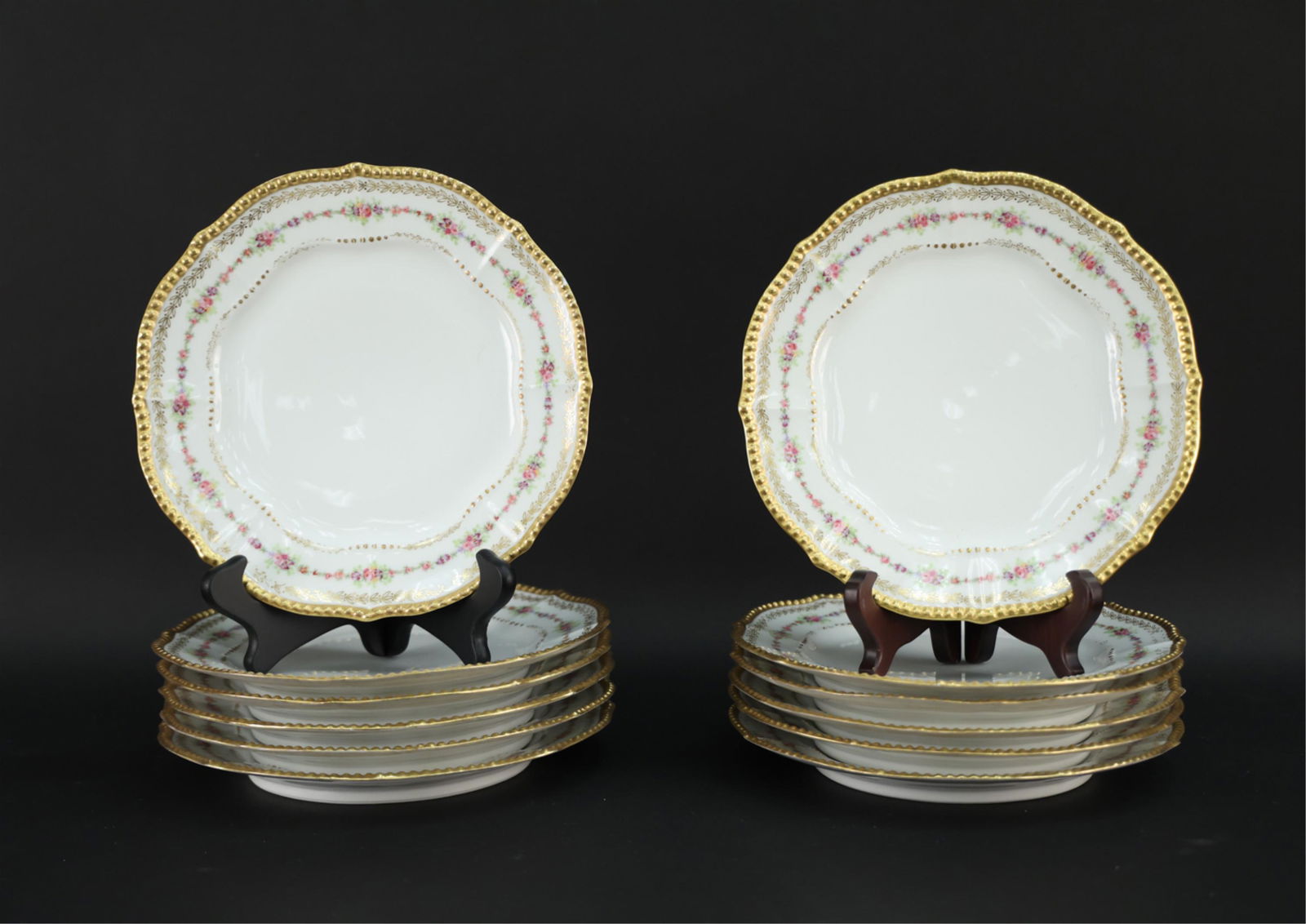 (12) LIMOGES PLATES W/ ROSE & GOLD STUDDED BORDER (1 of 9)