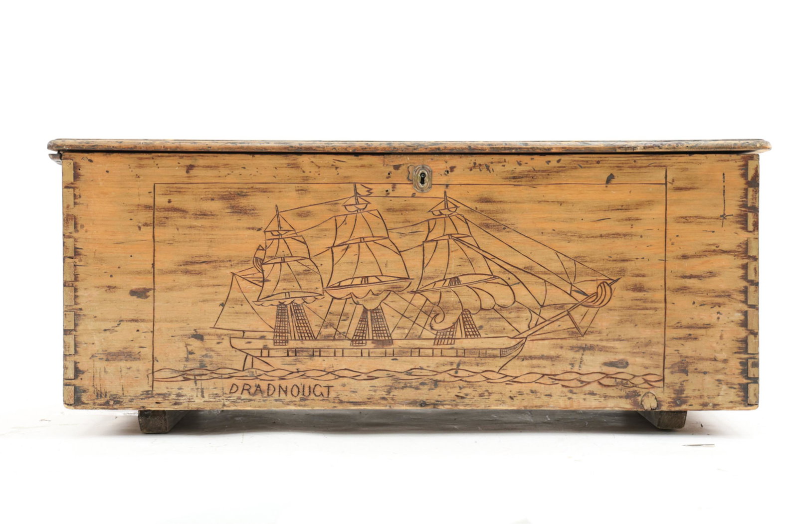 BLANKET CHEST W/ CARVED SHIP DESIGN: Dimensions: H 17.75" x W 43" x D 19" Condition: Wear consistent with age including natural cracks and splits. Split to lid needs to be reinforced. Proper left side lid trim needs to be re-attached. No