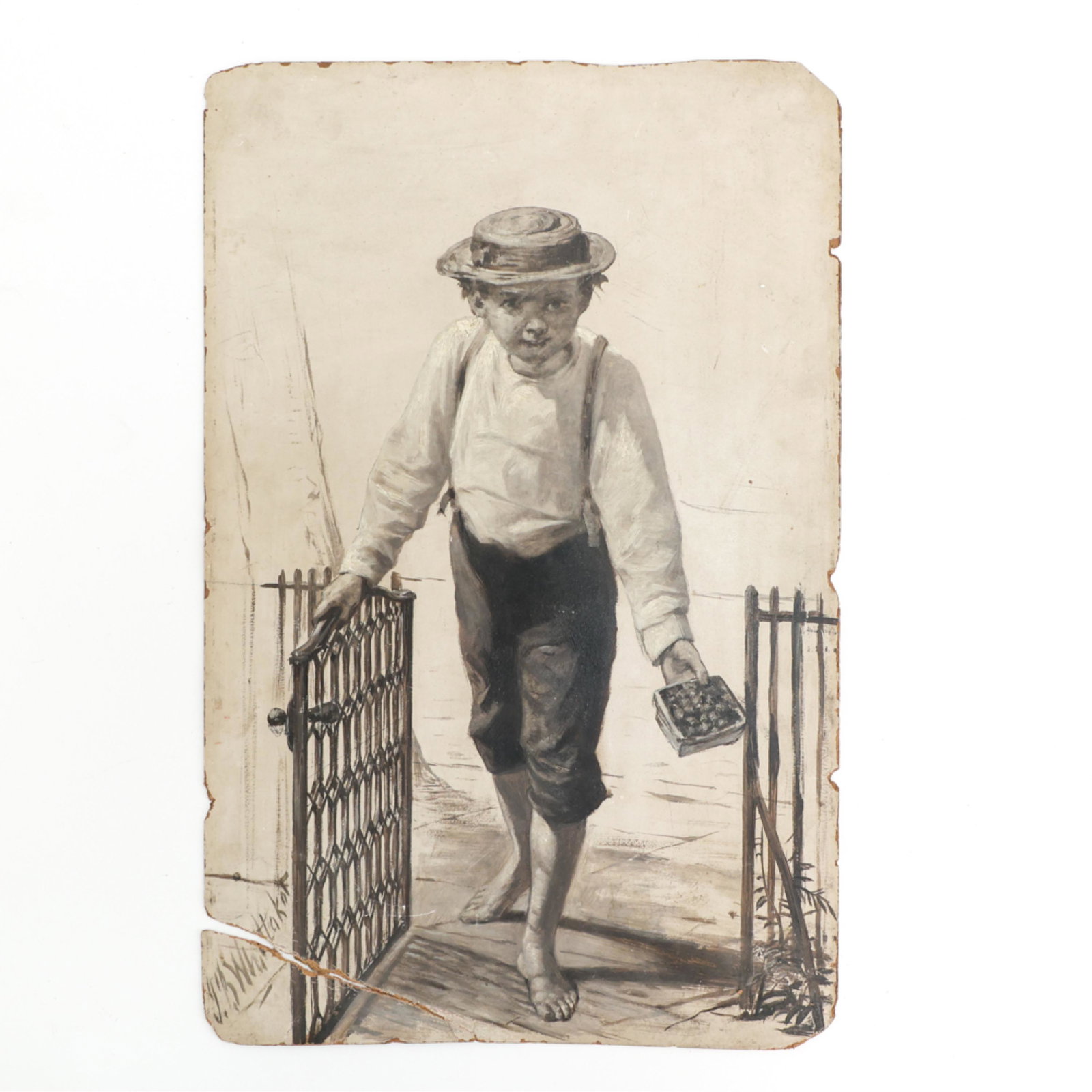 19TH C. BRITISH GRISAILLE OIL ON BOARD, SIGNED: Oil study of a boy with a basket of strawberries. Looks to be signed JB Whittaker. Dimensions: H 18.5" x W 12" Condition: Damages, edge losses, lower left corner bent, broken and about to fall off.