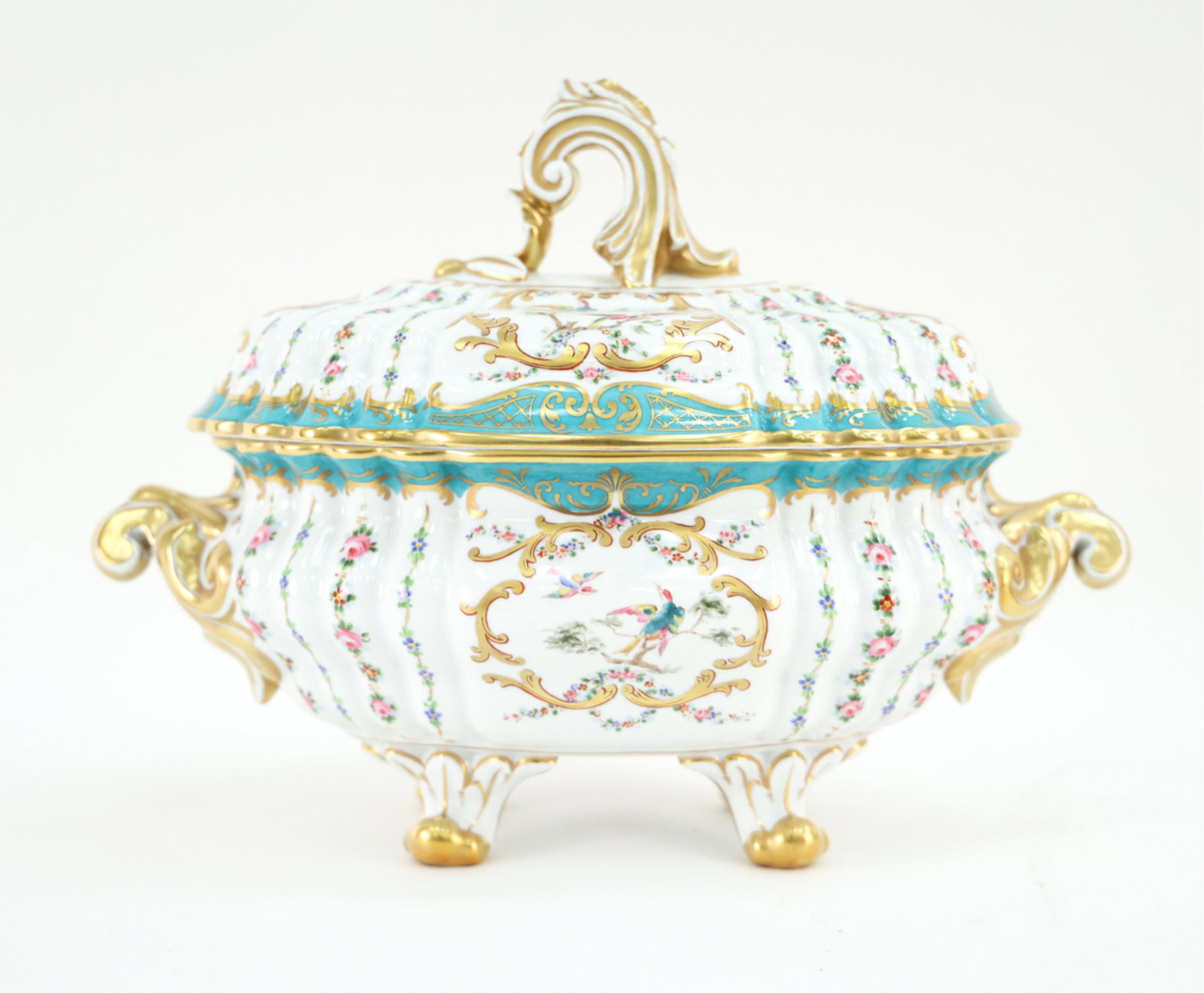 PORTUGUESE PORCELAIN SERVING TUREEN: Chintz with handpainted birds, marked Portugal on bottom. Dimensions: H 10" x W 15" x D 8.5" Condition: Light fading to gold. Good used condition.