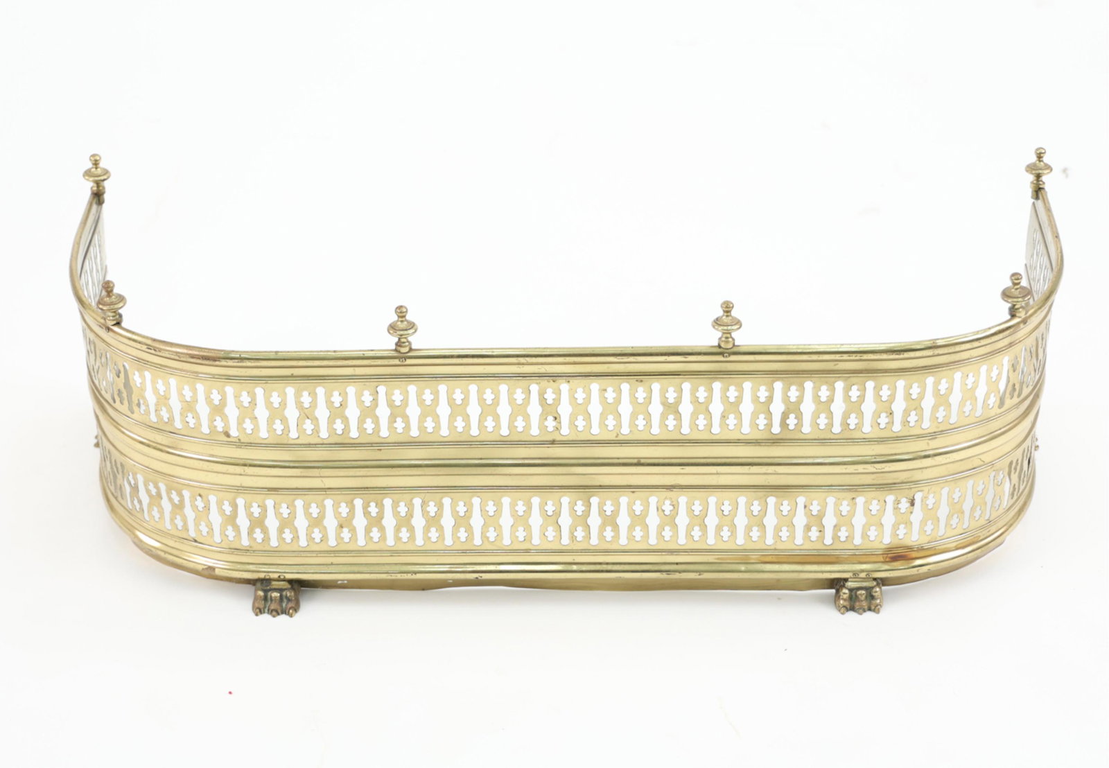 BRASS FIREPLACE FENDER: Dimensions: H 11.75" x W 35" x D 14" Condition: Couple slight bends and dings. Normal signs of light use.
