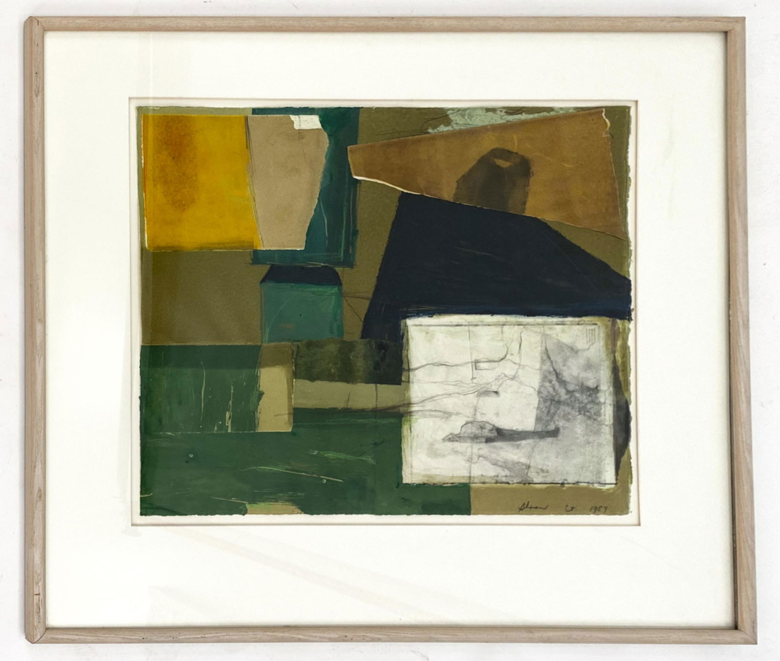 CONTEMPORARY MONOPRINT W/ COLLAGE: Pencil signed and titled Sloan CT. 1989. Titled "Pyramid Conforms." Dimensions: (Frame) H 36" x W 40", (Art) H 24" x W 28" Condition: Float mounted. Clean and bright. Frame with some rubbing. Loose in