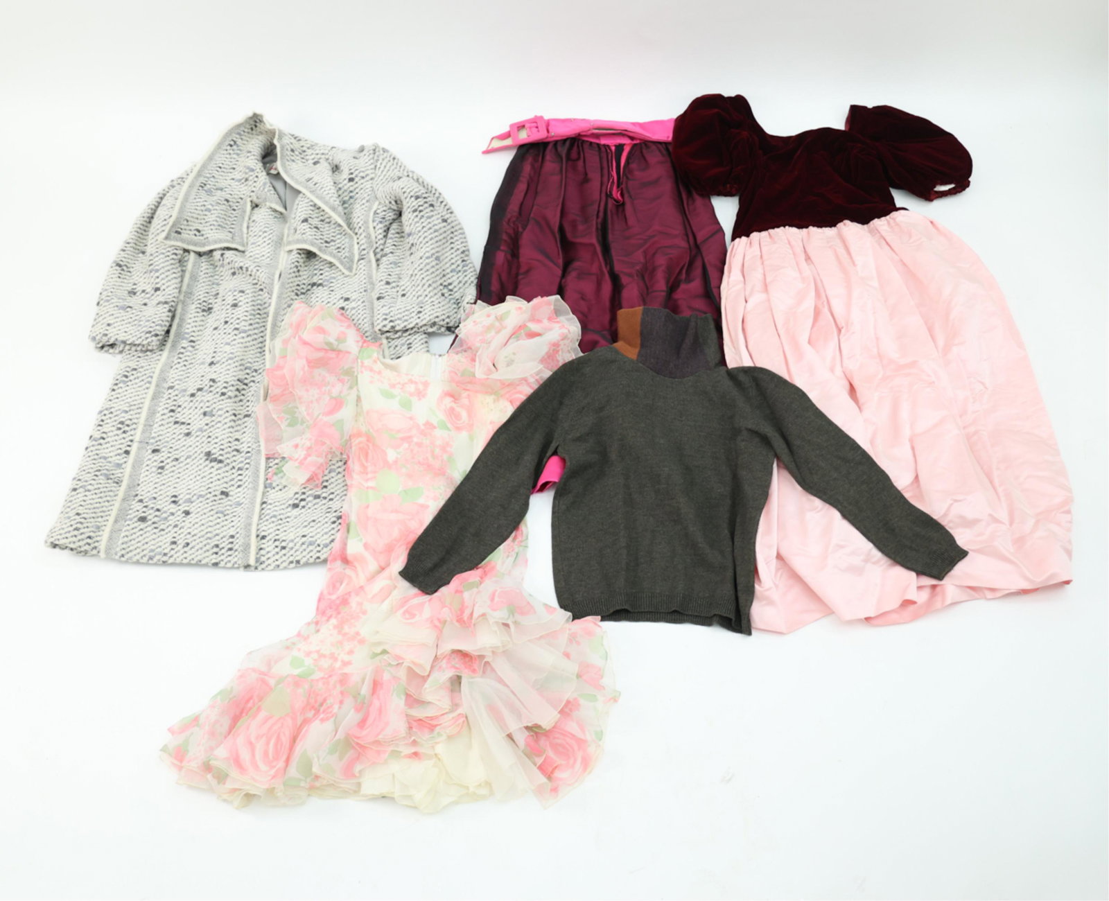 GROUPING OF WOMENS CLOTHING: Two skirts, a sweater, a jacket and one dress.Multiple brands including: Bloomingdale, Saks fifth avenue the connoisseur suite, J. Tiktiner, etc. Dimensions: Sizes 8 and 12 Condition: Wear consistent 