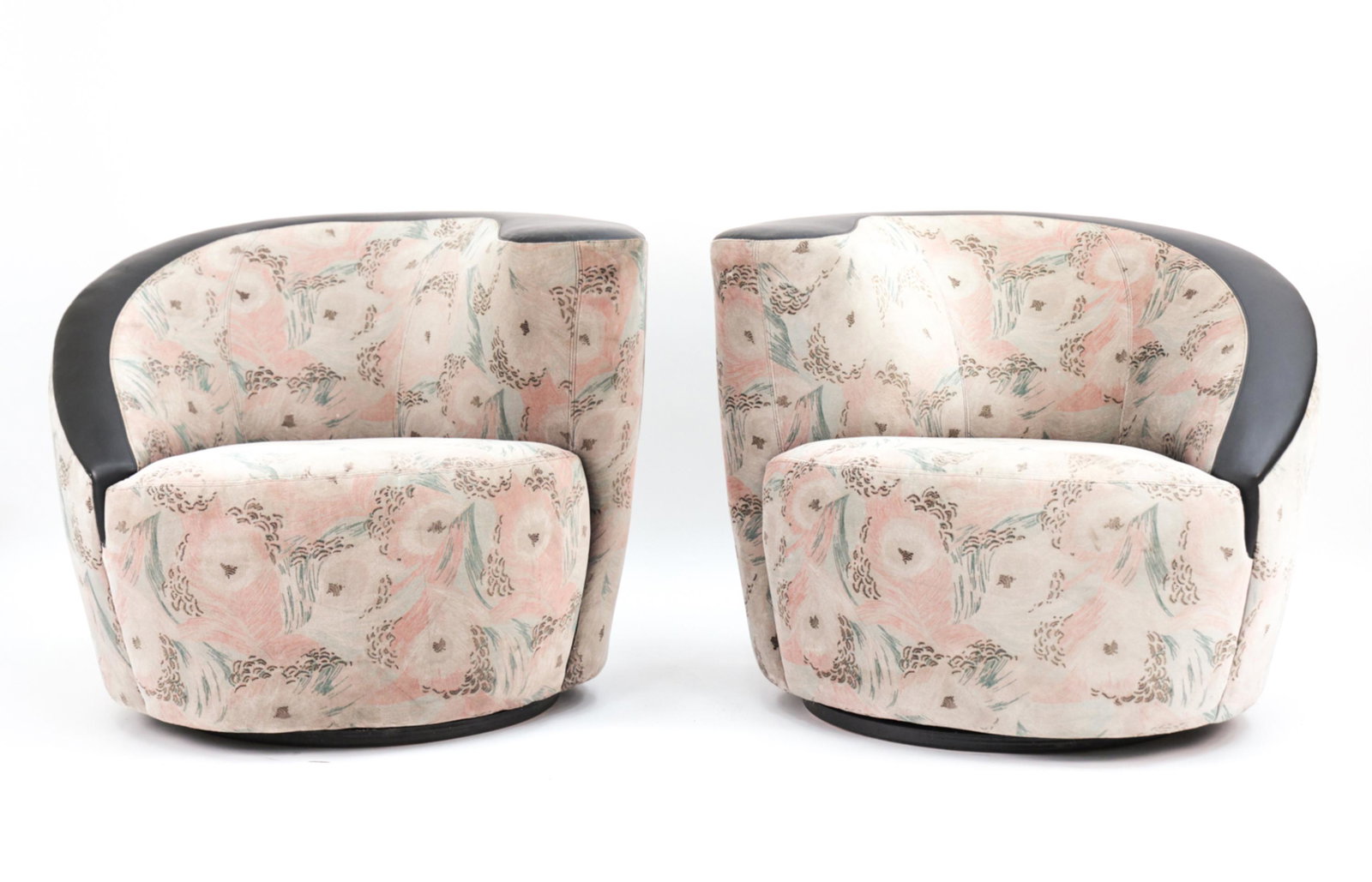 VLADIMIR KAGAN DIRECTIONAL NAUTILUS CHAIRS: Peacock feather pattern upholstery. Dimensions: H 29" x W 36" x D 35" x SH 16.5" Condition: Small spots to upholstery. One seat with area of soiling. Some scuffs to tops.