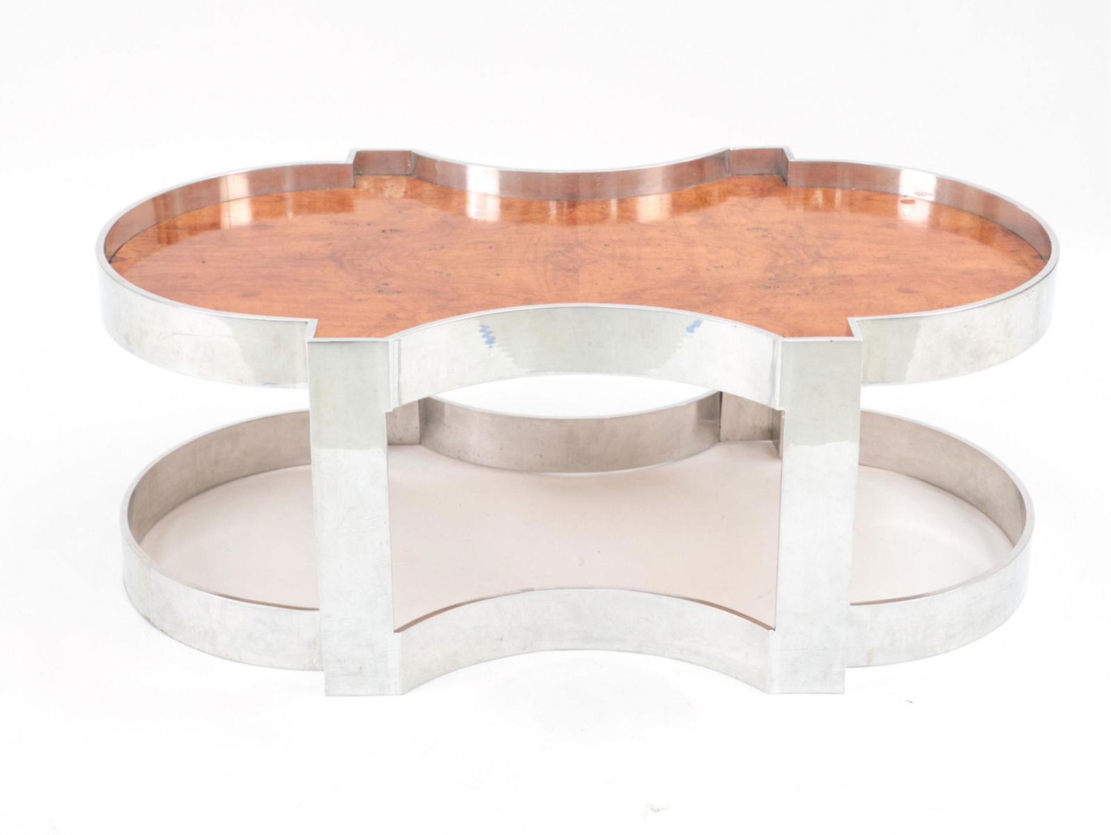 CHROME AND BURL WOOD SHAPED COFFEE TABLE (1 of 16)
