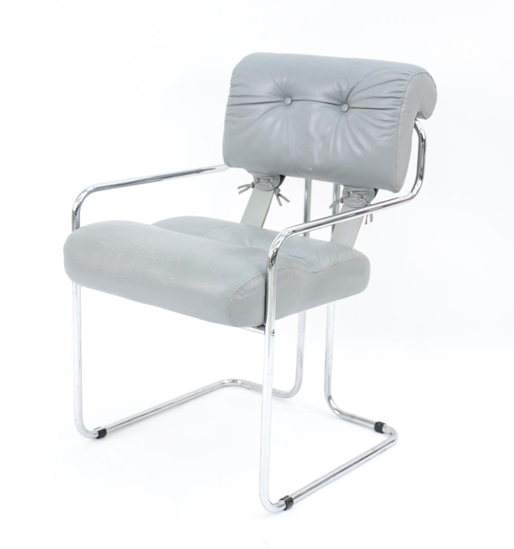 ITALIAN MARIANI PACE COLLECTION TUCROMA CHAIR: Gray leather with tubular chrome base. Designed by Guido Faleschini in 1972 and produced in Italy by Mariani for the Pace Collection. Labeled underneath. Dimensions: H 33" x W 20.5" x D 23" x SH 19.5"