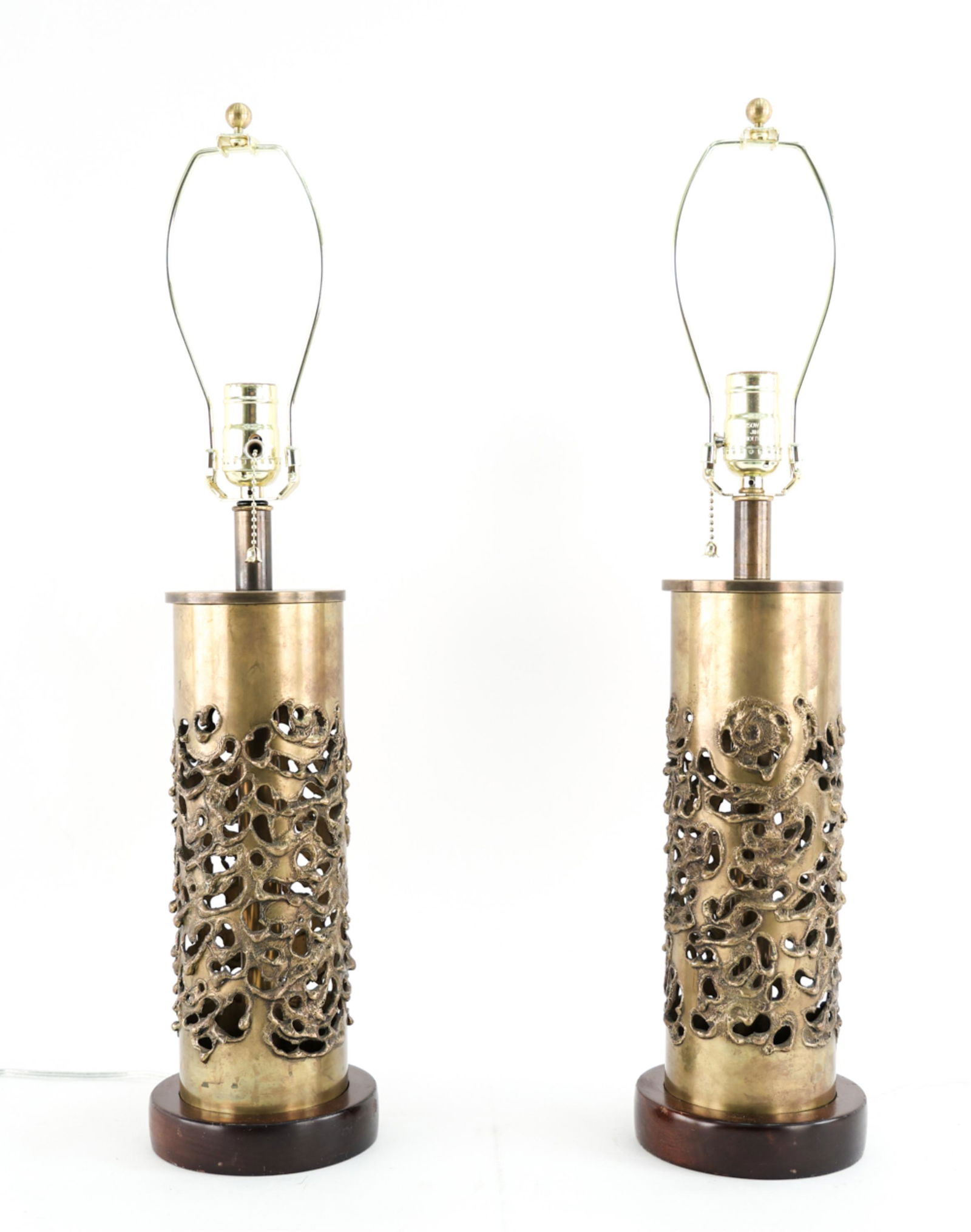 PAIR OF BRUTALIST TORCH CUT BRASS & WOOD LAMPS (1 of 14)