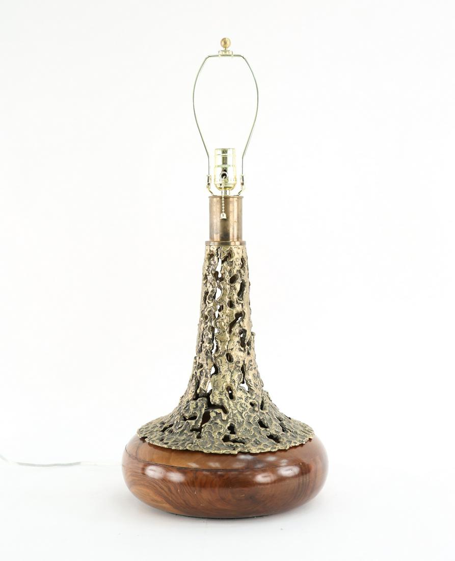BRUTALIST TORCH CUT BRASS & WOOD TABLE LAMP (1 of 12)