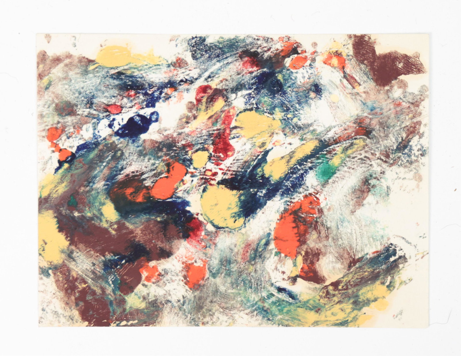 BERNARD SEGAL ABSTRACT PAINTING: Small Bernard Segal abstract painting. Circa 1950s. stamped Estate of Bernard Segal on reverse. Dimensions: H 5" x W 6" Condition: Staining and marks to back of painting.