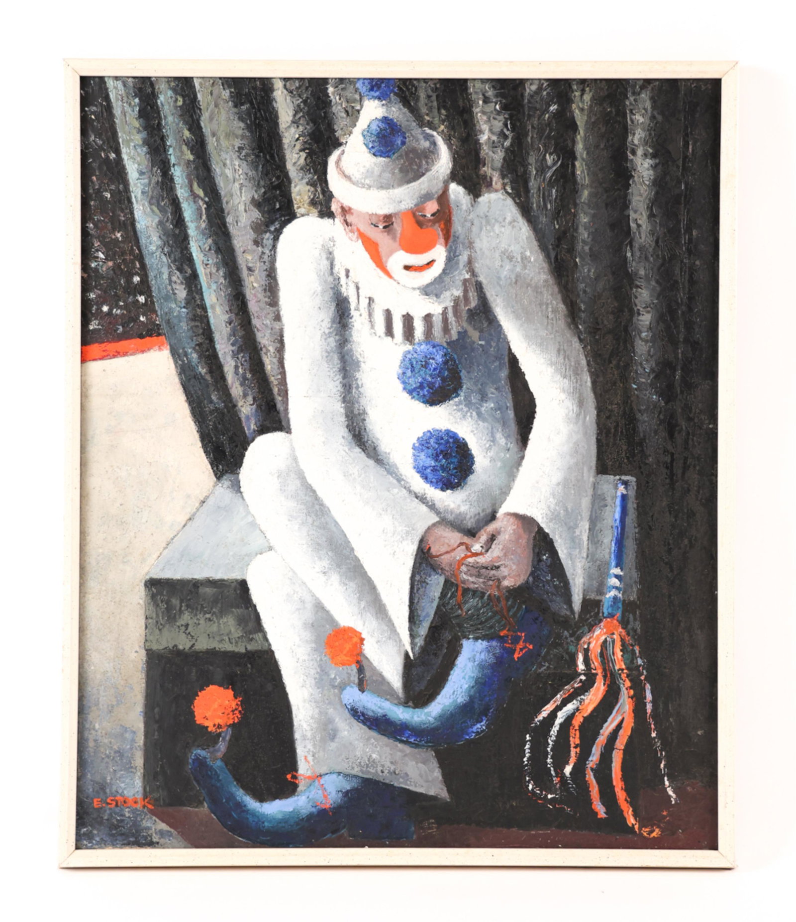 ERNEST STOCK, NEW YORK (1896-1955) O/C: Clown backstage. Signed lower left. Dimensions: (Frame) H 31.5" x W 26", (Canvas) H 30" x W 25" Condition: Unvarnished. Small dent lower right quadrant. Frame with some age toning and rubbing.