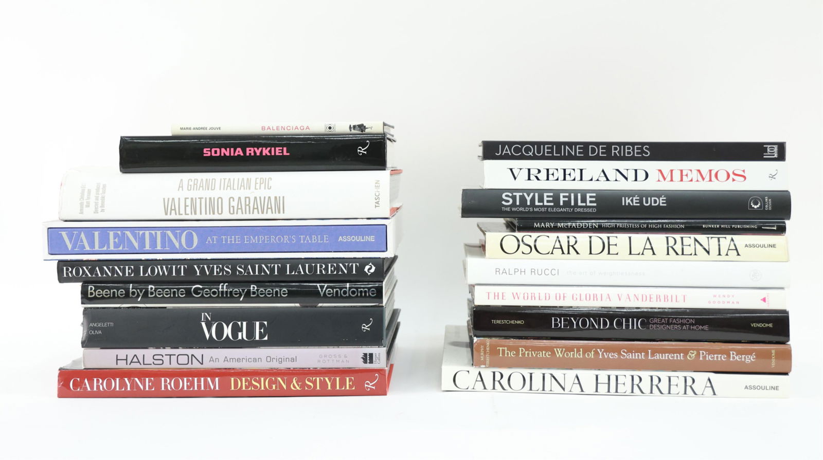 GROUPING OF FASHION BOOKS: Collection of 19 Design books featuring masters in the fashion world and their style. Carolina Herrera, Halston, Valentino, Oscar De La Renta and Gloria Vanderbilt to name a few. Dimensions: H 14.25"