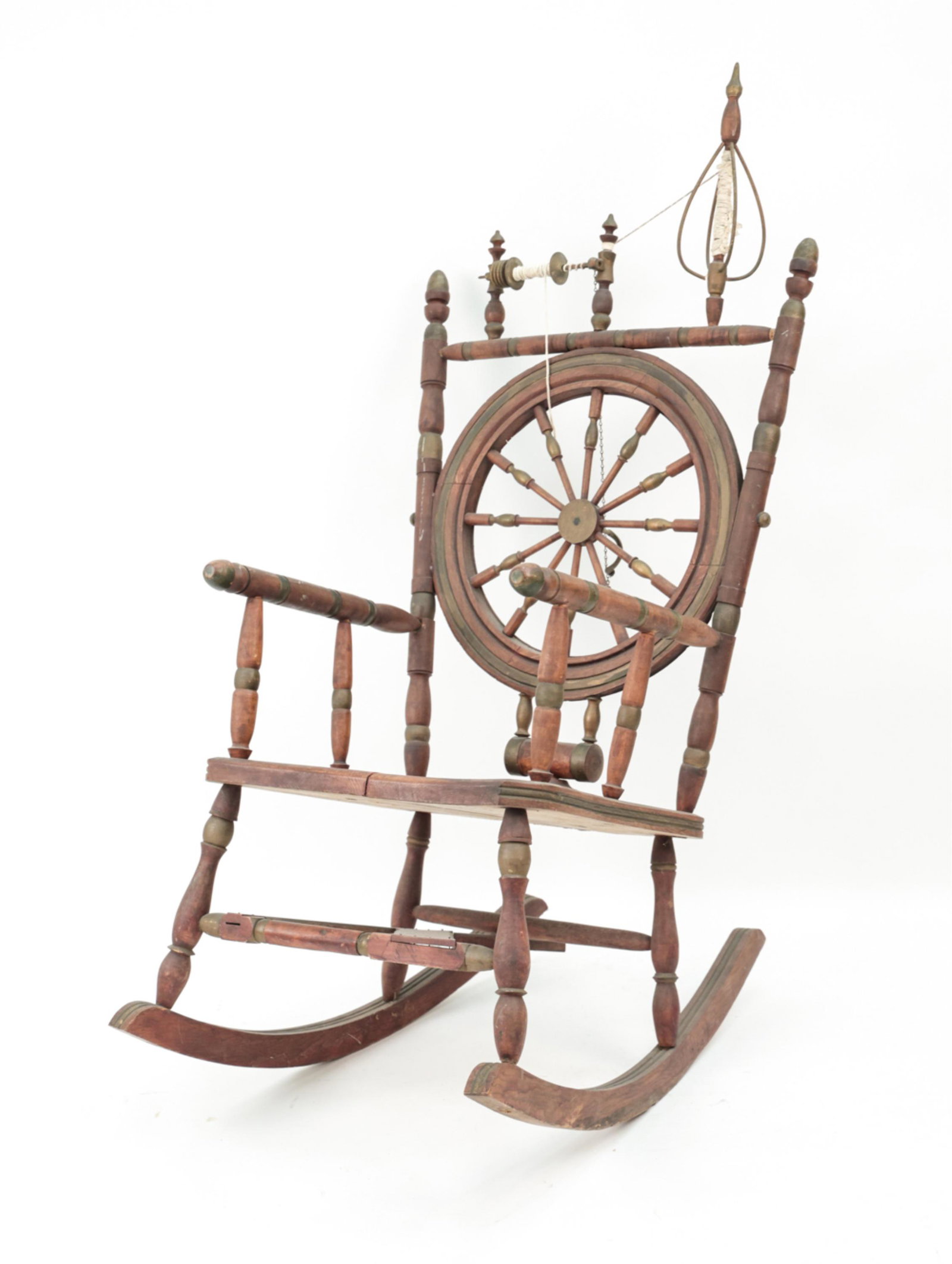 ANTIQUE FOLK ART KNITTERS ROCKING CHAIR: Dimensions: H 50.5" x W 25" x D 33" x SH 20" Condition: In need of some restoration. Break to bottom portion of proper right front leg. Splits to seat. Some loose joints. Marks and surface dust consis