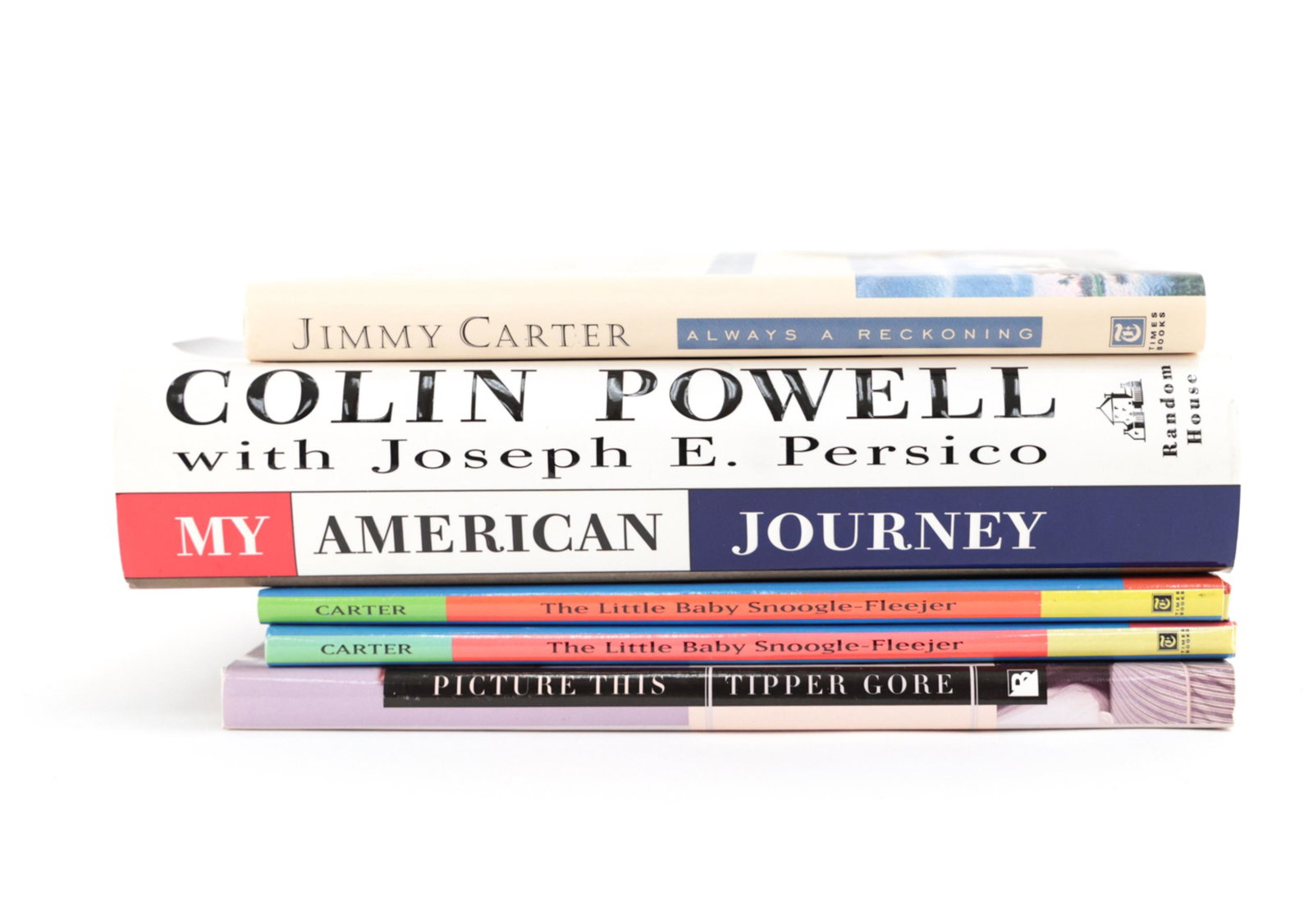 (5) POLITICIANS AUTOGRAPHED BOOKS: Including (3) Jimmy Carter, Colin Powell, Tipper Gore. Dimensions: (Largest) H 8.75" x W 10.5" x D .5" Condition: Normal wear consistent with use.