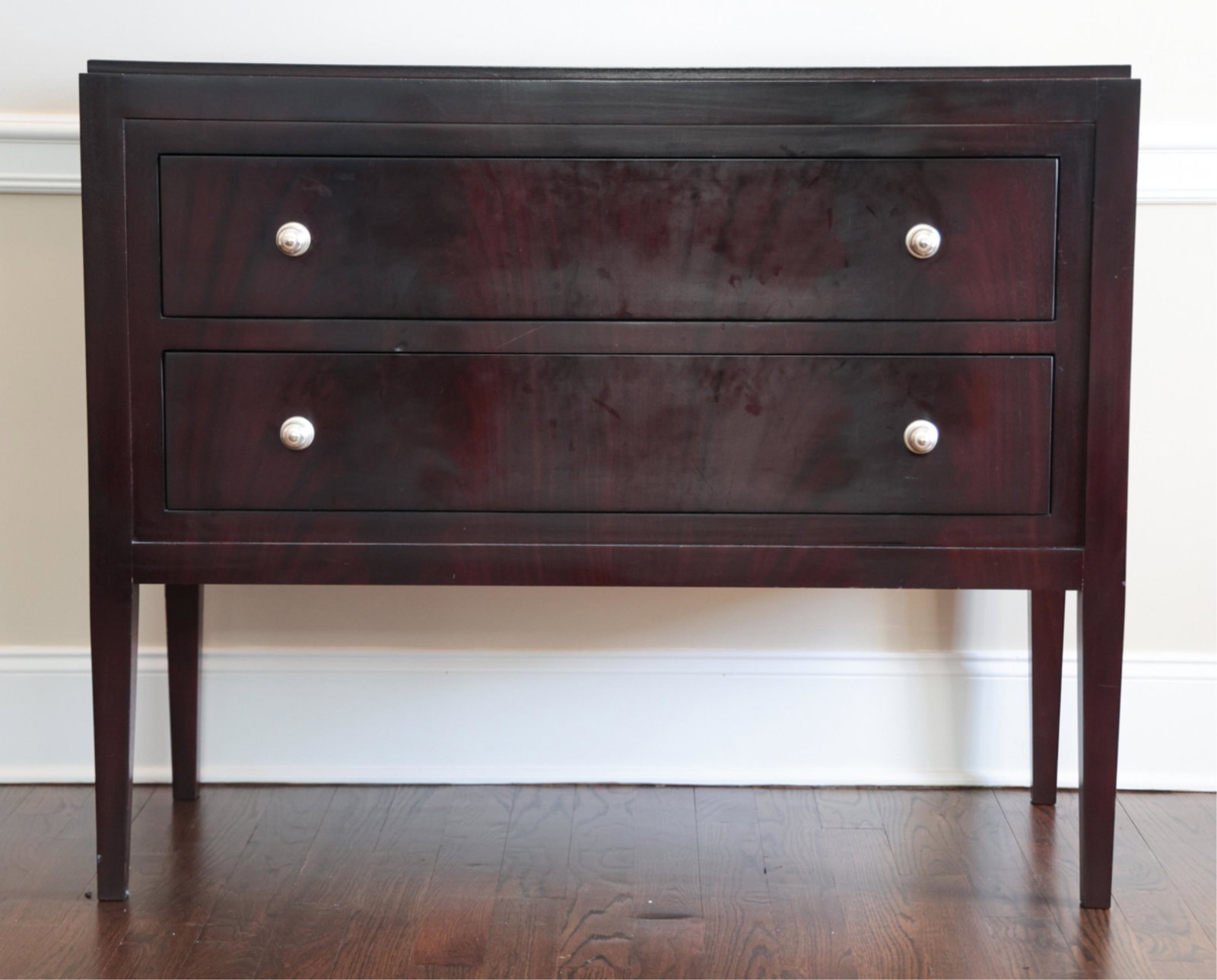 THOMAS O'BRIEN HICKORY CHAIR TWO-DRAWER CHEST: Contemporary. Marked in top drawer: Thomas O'Brien. Silver-tone drawer pulls, two drawers. Dimensions: H 39" x W 48" x D 23" Condition: Some chips and nicks to veneer. Loss to one corner. Some alligat