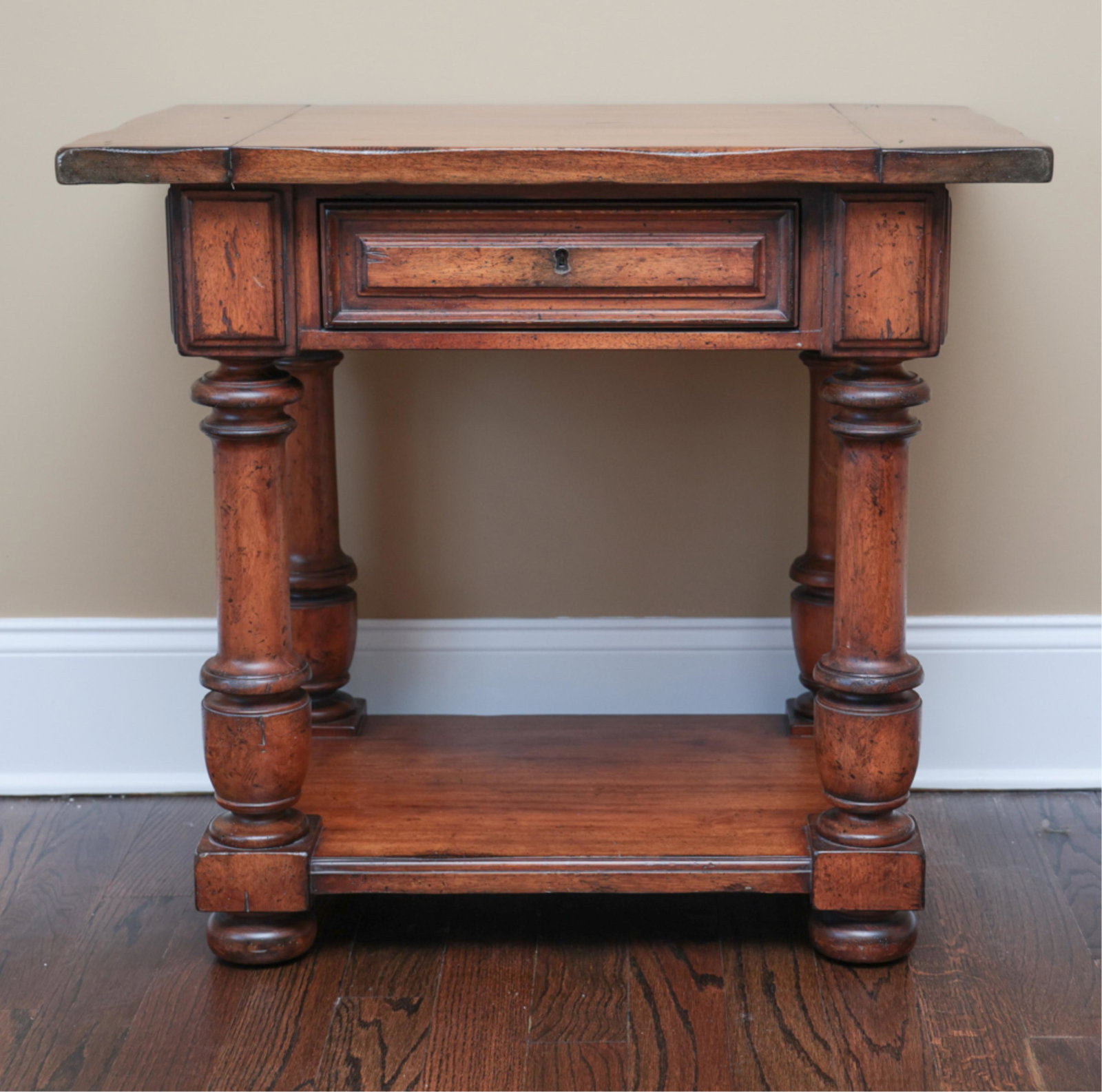 RALPH LAUREN POLO SIDE TABLE: Marked inside drawer: Polo Ralph Lauren. With key. Contemporary. Dimensions: H 28.5" x W 31.5" x D 22" Condition: Wear consistent with use. Intentionally distressed. Rubs and losses to top. Note: This