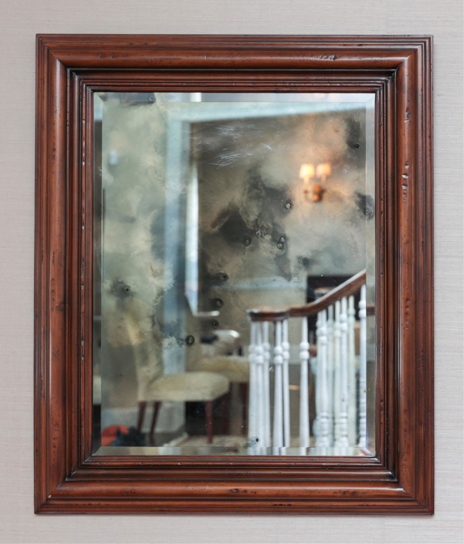 MILLING ROAD WOODEN FRAME MIRROR: Wooden frame, beveled edge mirror. Label verso: Milling Road. Contemporary. Dimensions: H 36" x W 30" Condition: Faux antiqued mirror and frame. Note: This item must be picked up onsite from the estat