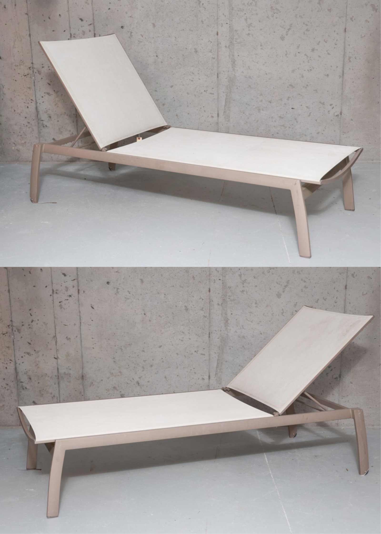 (2) FRONTGATE OUTDOOR CHAISE LOUNGES: Marked Frontgate. Dimensions: H 37" x W 78" x D 33" x SH 17" Condition: Some stains, scuffs to base. Signs of use. Note: This item must be picked up onsite from the estate during our advertised two-da