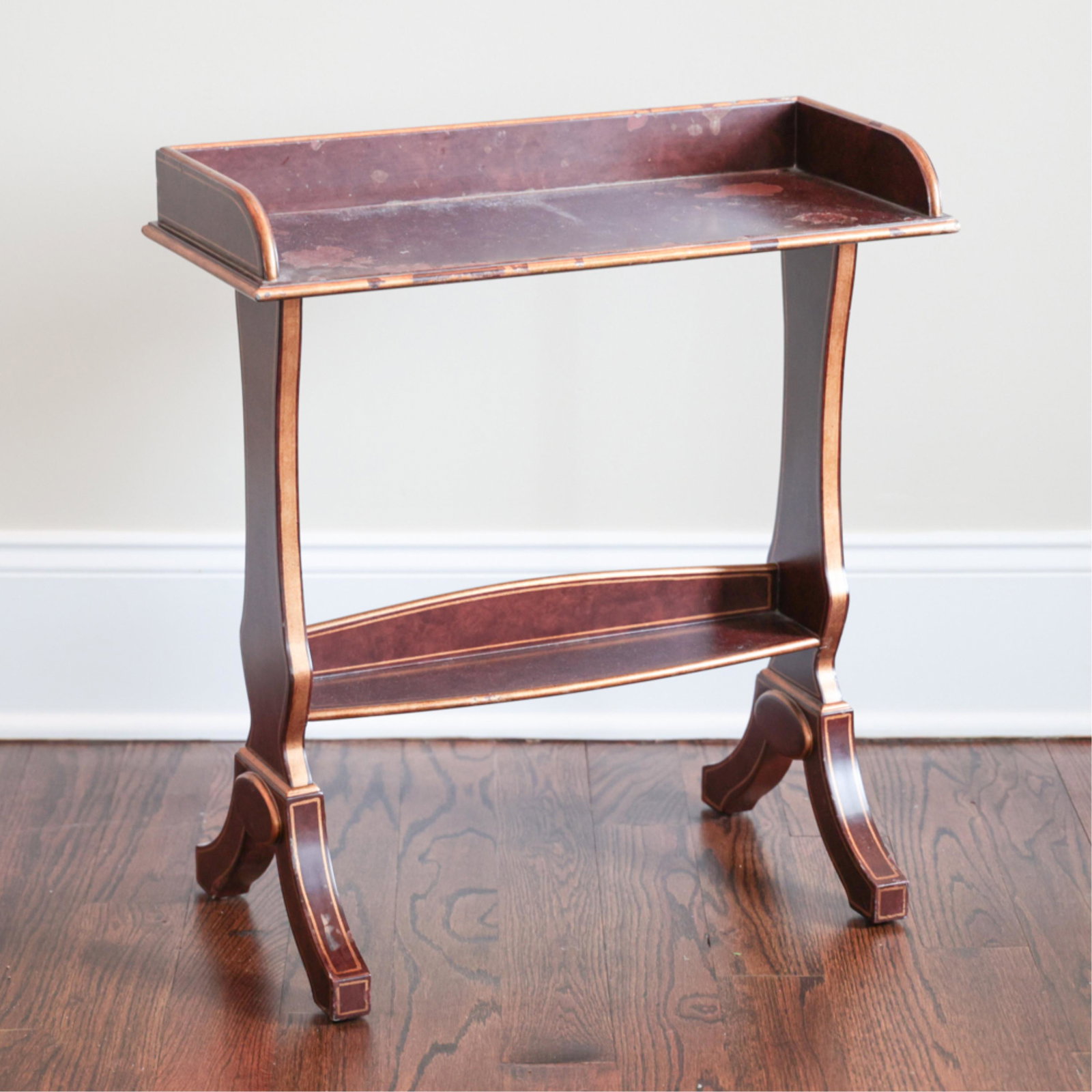 CHELSEA HOUSE SMALL CONSOLE TABLE: Labeled underneath: Chelsea House. Dimensions: H 24" x W 24" x D 9.5" Condition: Scuffs, scratches, nicks. Finish loss. Possible old repair to one leg. Note: This item must be picked up onsite from th