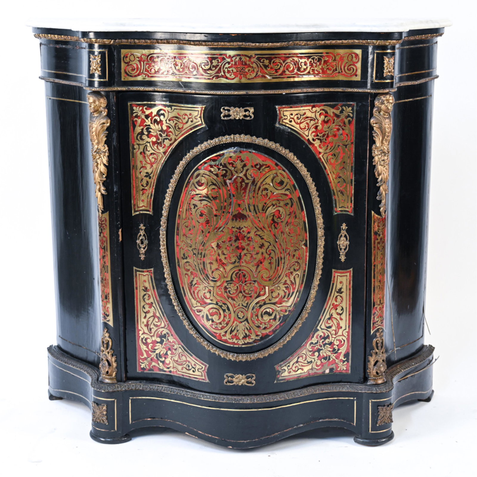 FRENCH BOULLE NAPOLEON III MARBLE TOP CABINET: Inlaid wooden cabinet with white marble top and ormolu design. Dimensions: H 41.5" x W 44" x D 17" Condition: Losses and breaks to ormolu. Some ormolu breaks included with cabinet. Stains to marble to