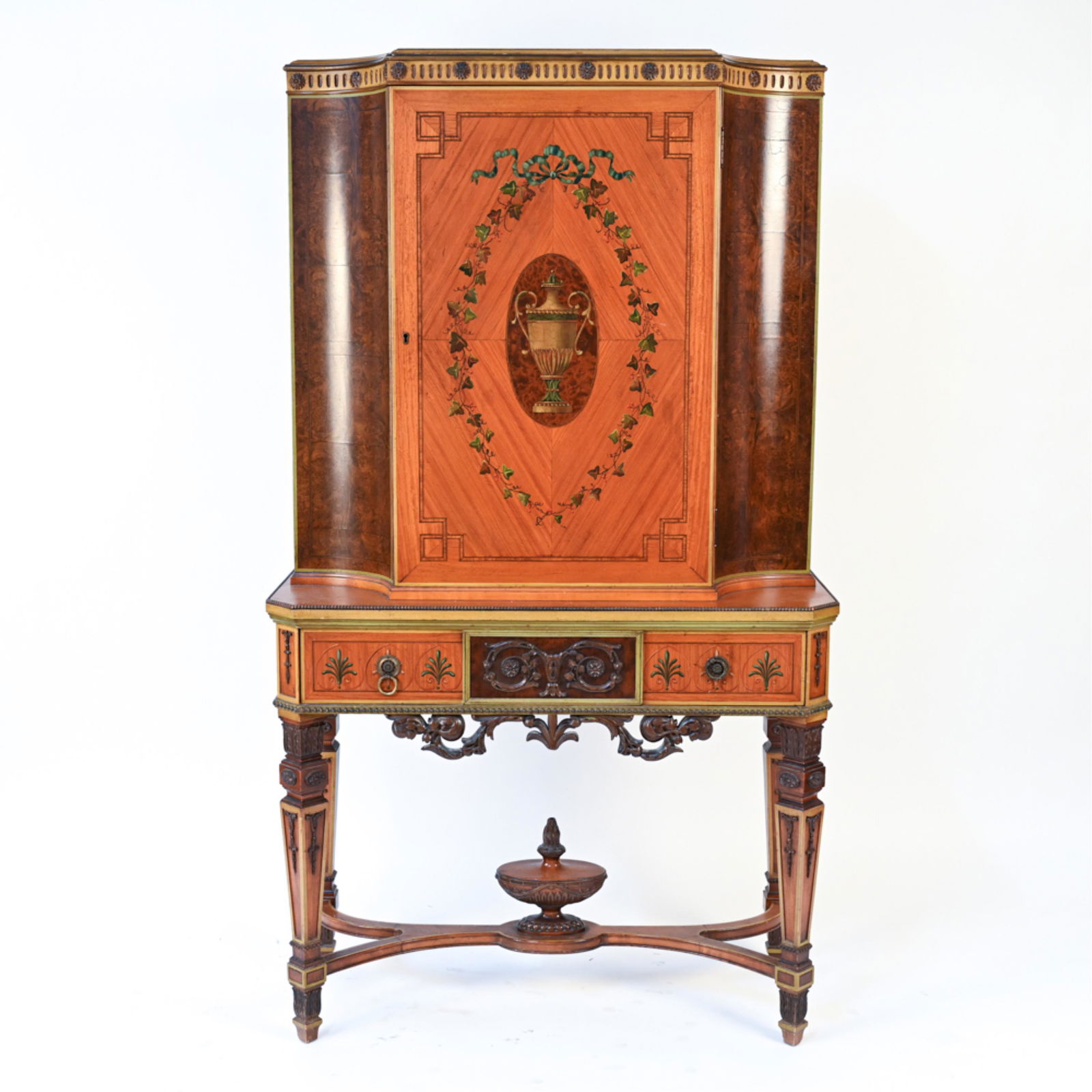 ANTIQUE INLAID, PAINTED, CARVED SATINWOOD CABINET (1 of 20)