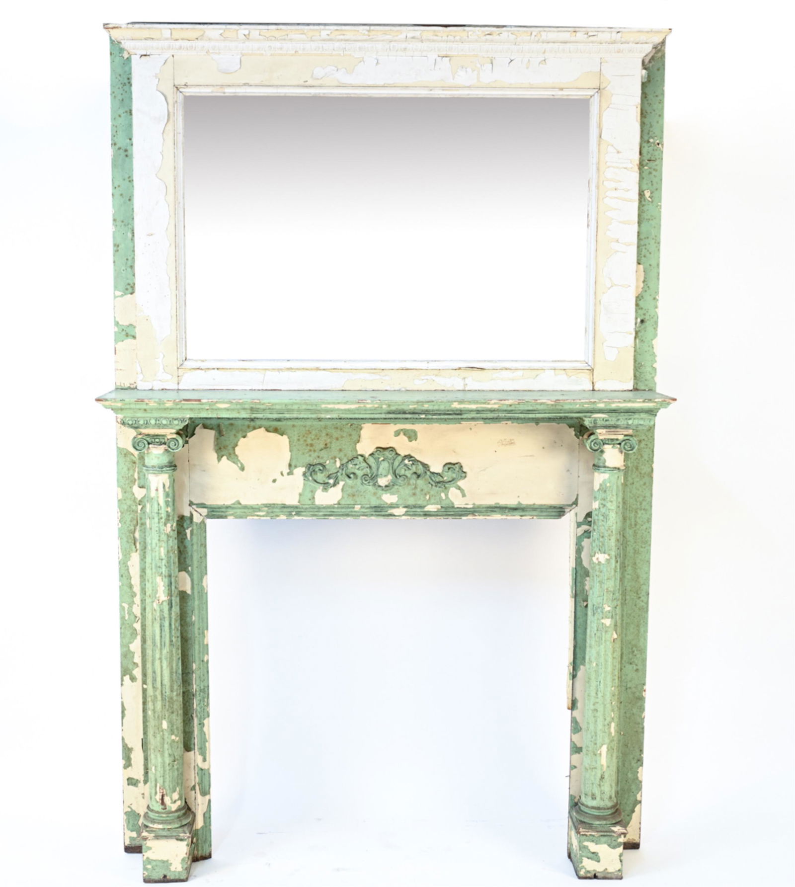 ANTIQUE DISTRESSED PAINT MANTLE W/ MERCURY MIRROR (1 of 16)
