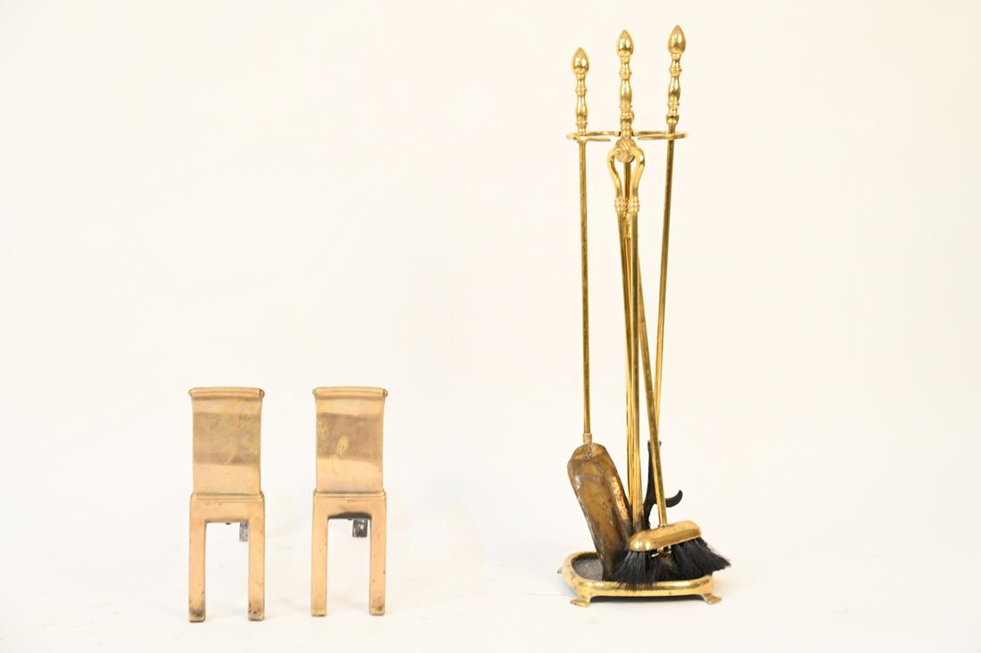 BRASS ANDIRONS AND FIRE TOOL GROUPING (1 of 10)