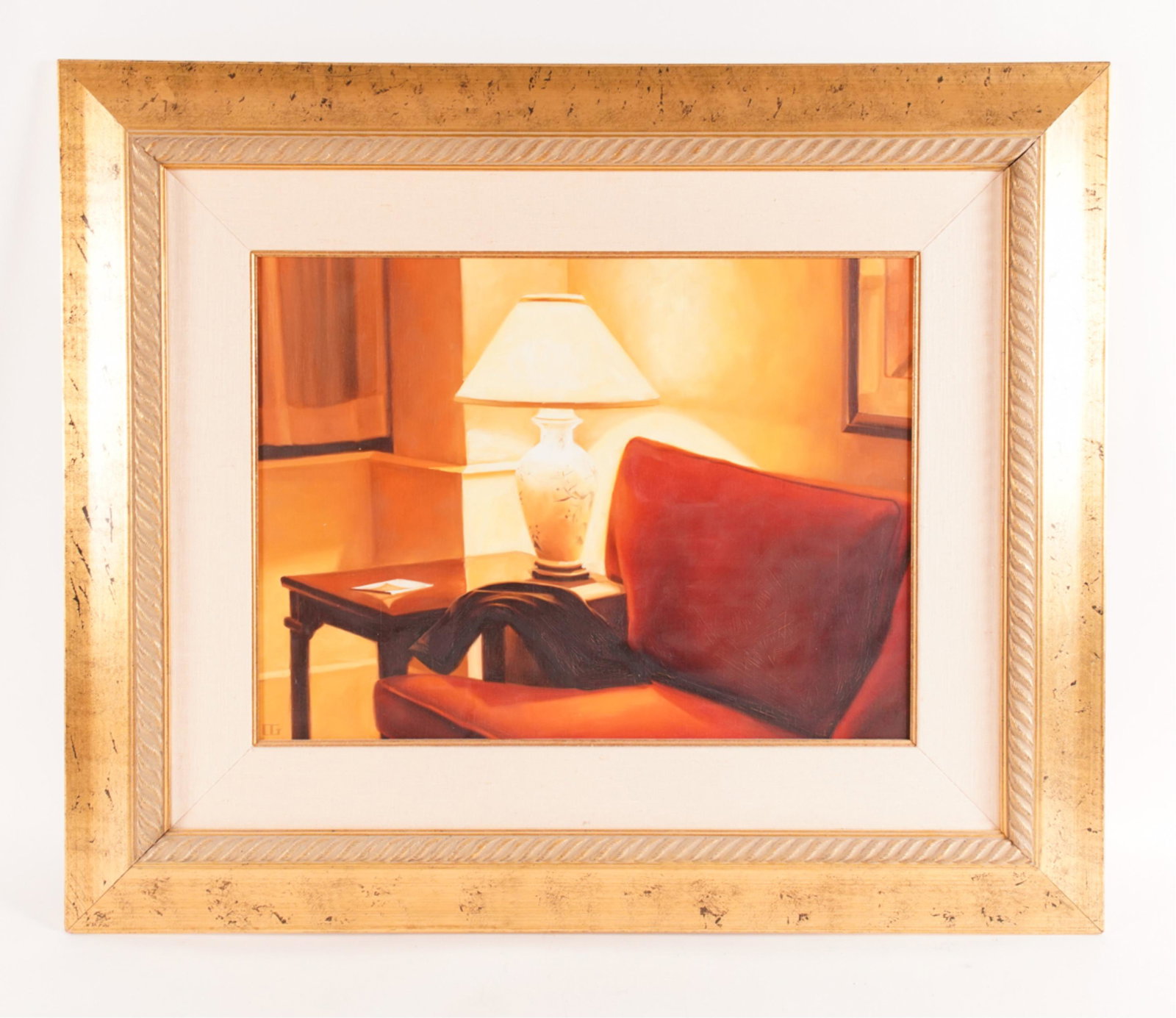 CHAISE ROUGE O/B REALIST INTERIOR PAINTING: Signed CG front bottom left corner. Titled Chaise Rouge on verso. Dimensions: (Frame) H 30.5" x W 36.5" (Sight) H 17" x W 23" Condition: Showing light signs of wear.