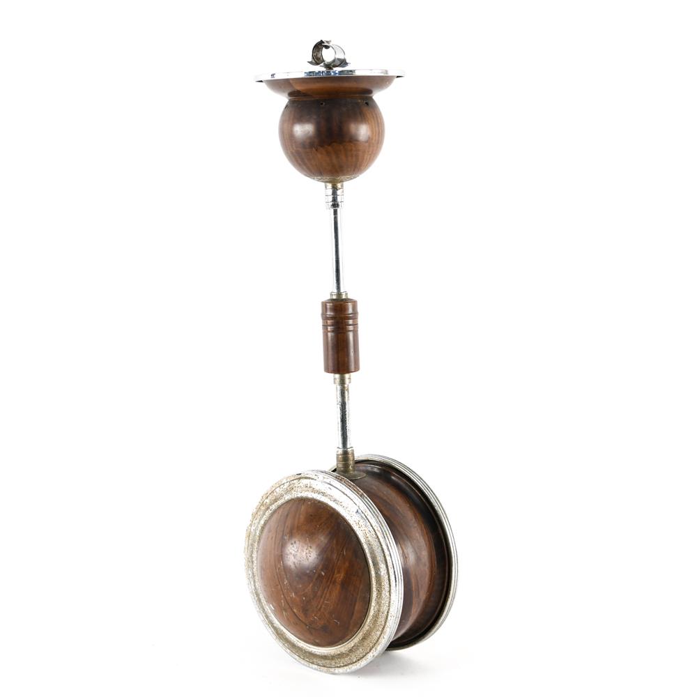 1930S ART DECO ROLLING BELMET ROLLODOR ASHTRAY: Dimensions: H 24" x W 7" x D 8" Condition: Heavy patina to stainless steel. Nicks and scratches to wood.