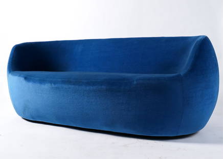 ATTR. GUGLIELMO VERONESI FOR STENDIG SOFA: Tagged underneath: Stendig, ISA Bergamo. Blue velvet cord upholstery. Design attributed to Guglielmo Veronesi. Dimensions: H 29" x W 63" x D 36" x SH 14" Condition: Splits to upholstery. Surface dirt.